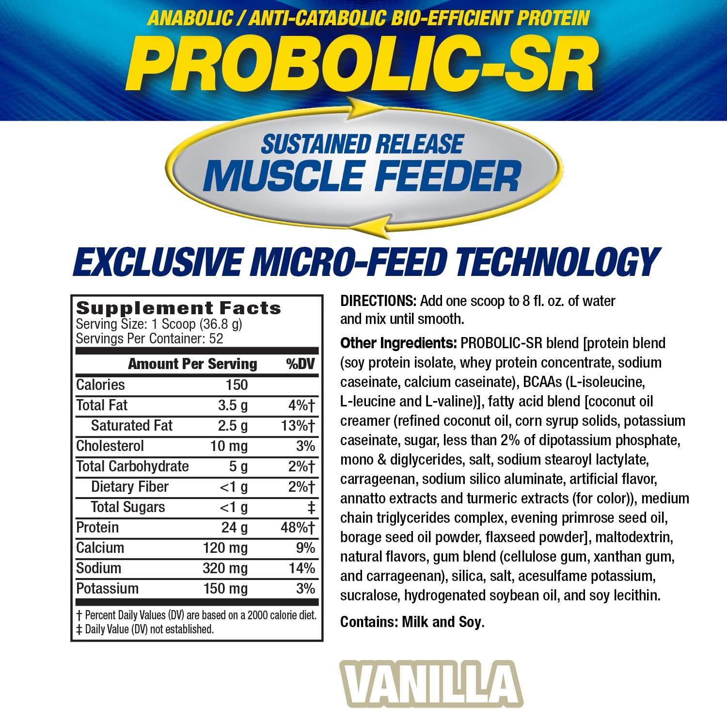 Maximum Human Performance Probolic-SR Sustained Release Protein Powder, 24g Protein, BCAAs, Glutamine, Arginine, Pre-Workout, Post-Workout, Nighttime Protein, 4lbs, 52 Servings, Vanilla : Everything Else
