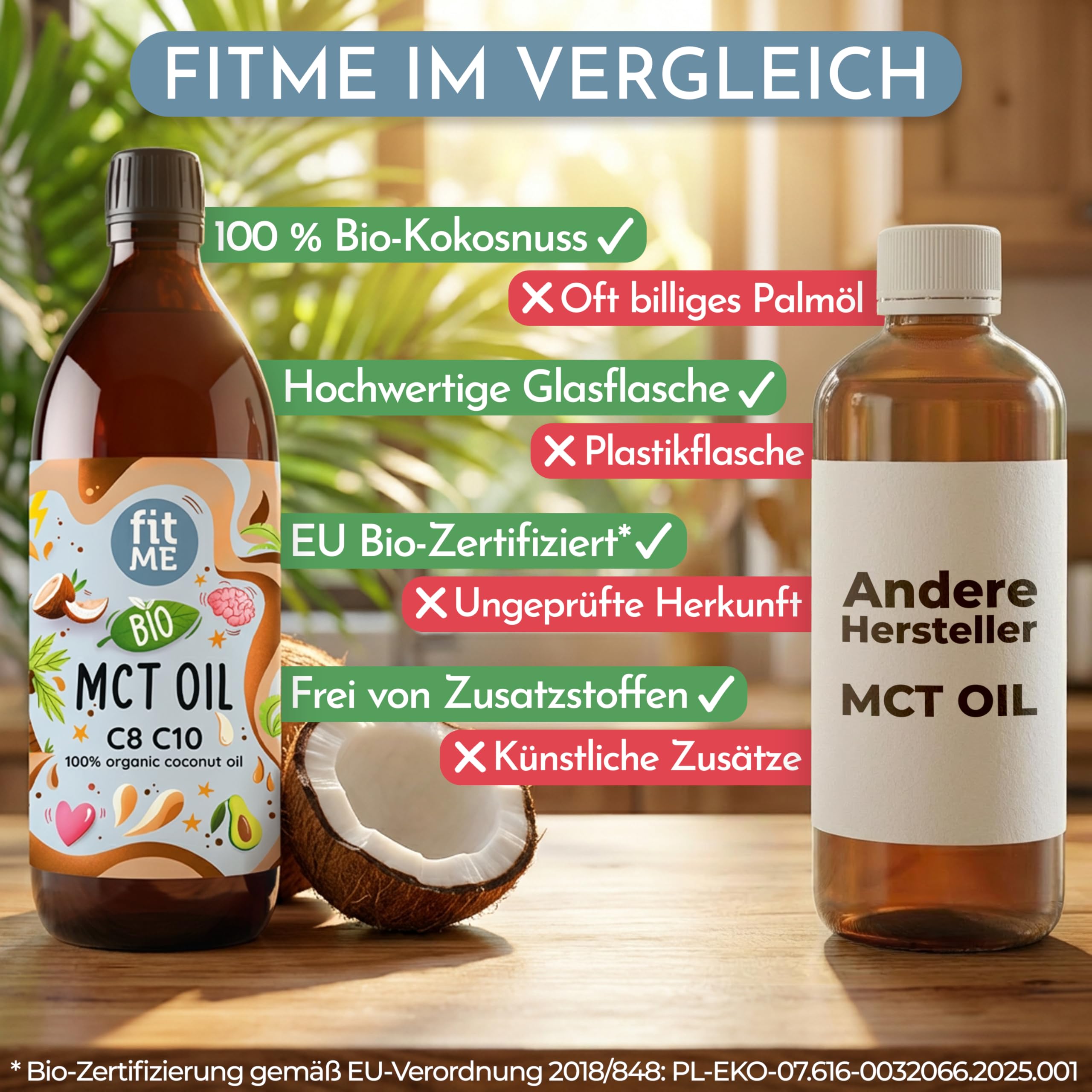 fitME MCT Öl auf Kokosölbasis 500 ml, BIO MCT-Oil mit C8 & C10 Fettsäuren, 60% Caprylsäure & 40% Caprinsäure, für Keto-Diät, Geschmacksneutral für Kaffee, Smoothies, Shakes & Dressings, ohne Pumpe