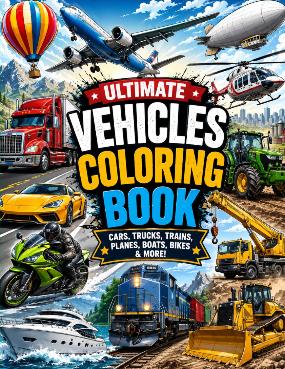 ULTIMATE VEHICLES COLORING BOOK: CARS, TRUCKS, TRAINS, PLANERS, BOATS, BIKES, MORE.
