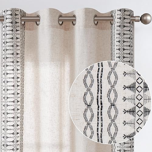 jinchan Boho Curtains Embroidered Window Curtains for Bedroom Linen Curtains Geometry Grommet Bohemian Window Treatment Set for Living Room 96 Inches Long 2 Panels Black on Beige