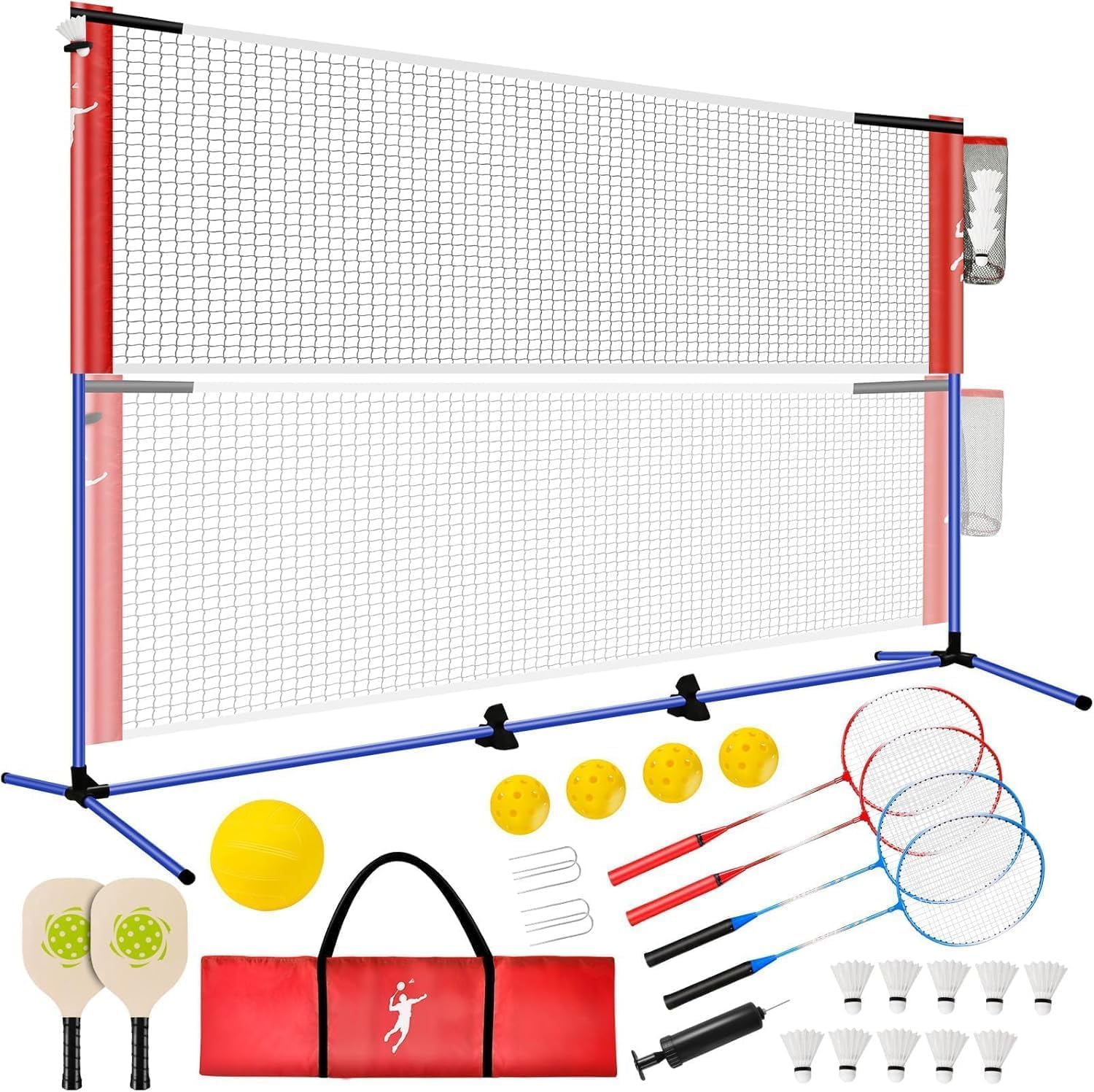 Badminton Netz, Garten Volleyball Netz , Pickleball Netz Set Höhenverstellbar, Tragbares Set für Tennis, Fußball mit Volleyball & Pickleball Schlägern & Badminton Schlägern, Indoor Outdoor Spiele