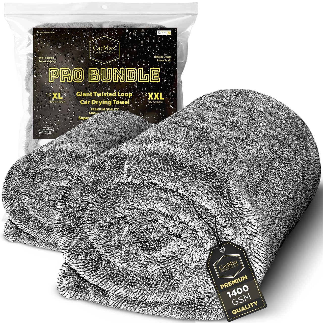 CarMax® - Original Twisted Loop Car Drying Towel - Double-Sided XXL - 90cm x 60cm and Double-Sided XL - 60cm x 40cm