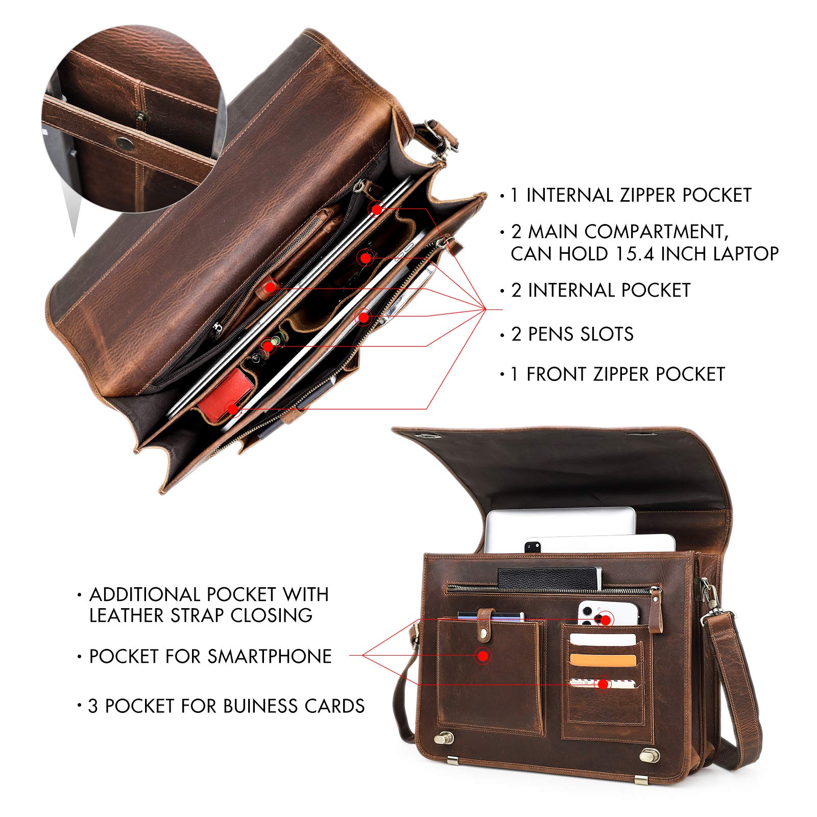 Contacts Maletín de piel auténtica para hombre de 14 pulgadas, bolso cruzado casual vintage para negocios, para hombres y mujeres, viajes, escuela, abogados, Marrón oscuro, 40,6 cm, Talla única
