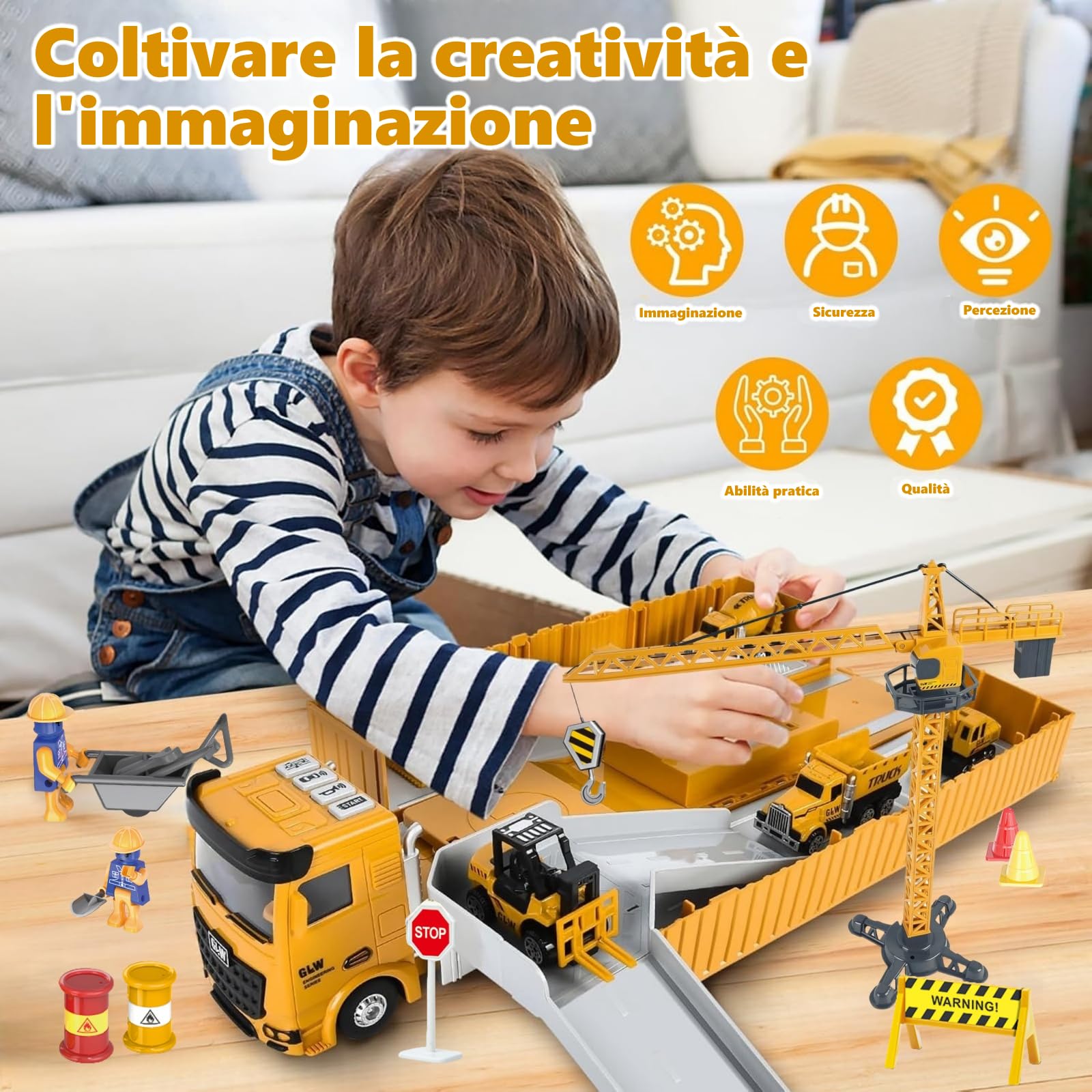 Camion da Cantiere Giocattolo per Bambini con Escavatore Costruzione Torre Gru Effetti di Musica Luce Camion Betoniera Veicoli da Cantiere