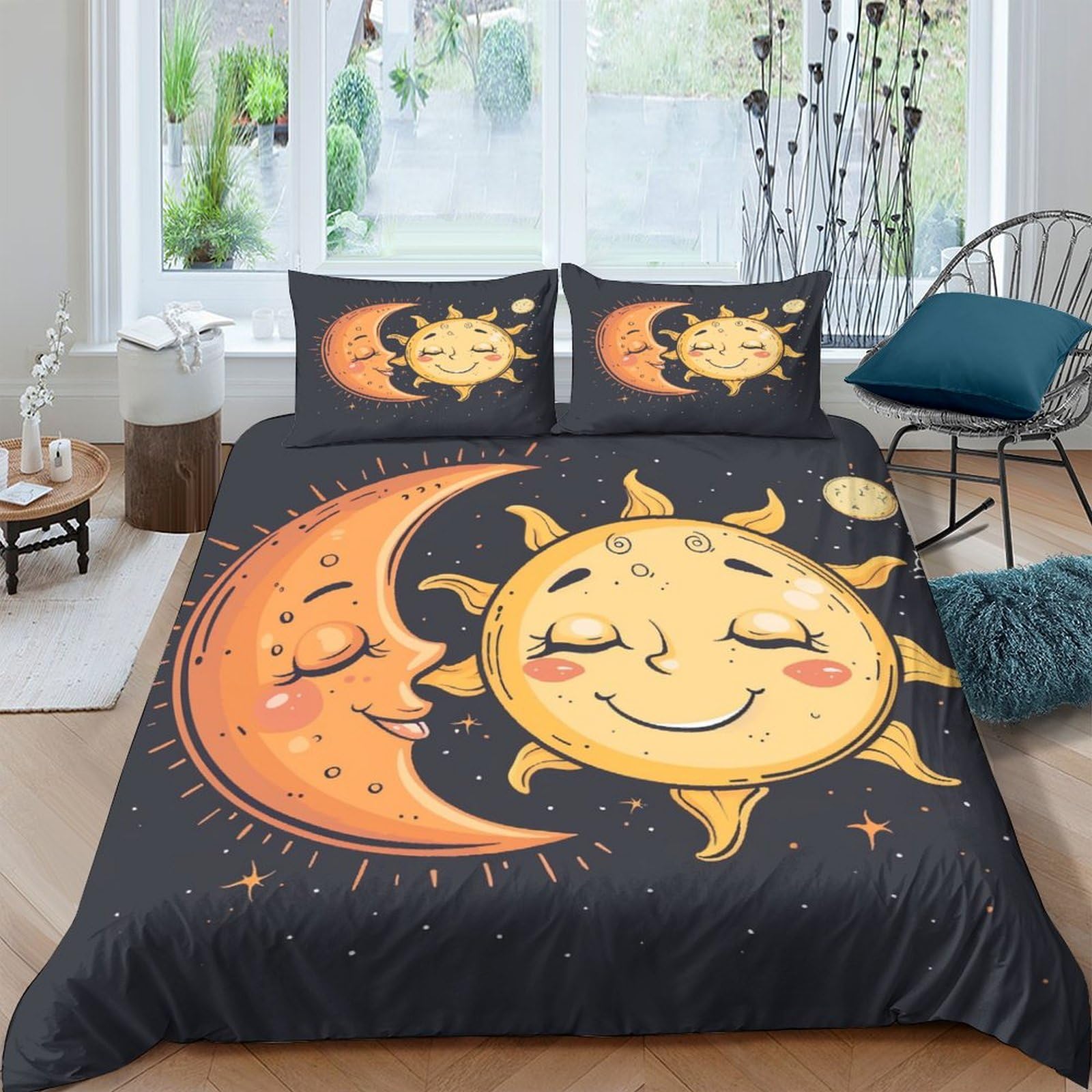 Housse de couette soleil et lune 200x200cm en microfibre douce avec fermeture éclair