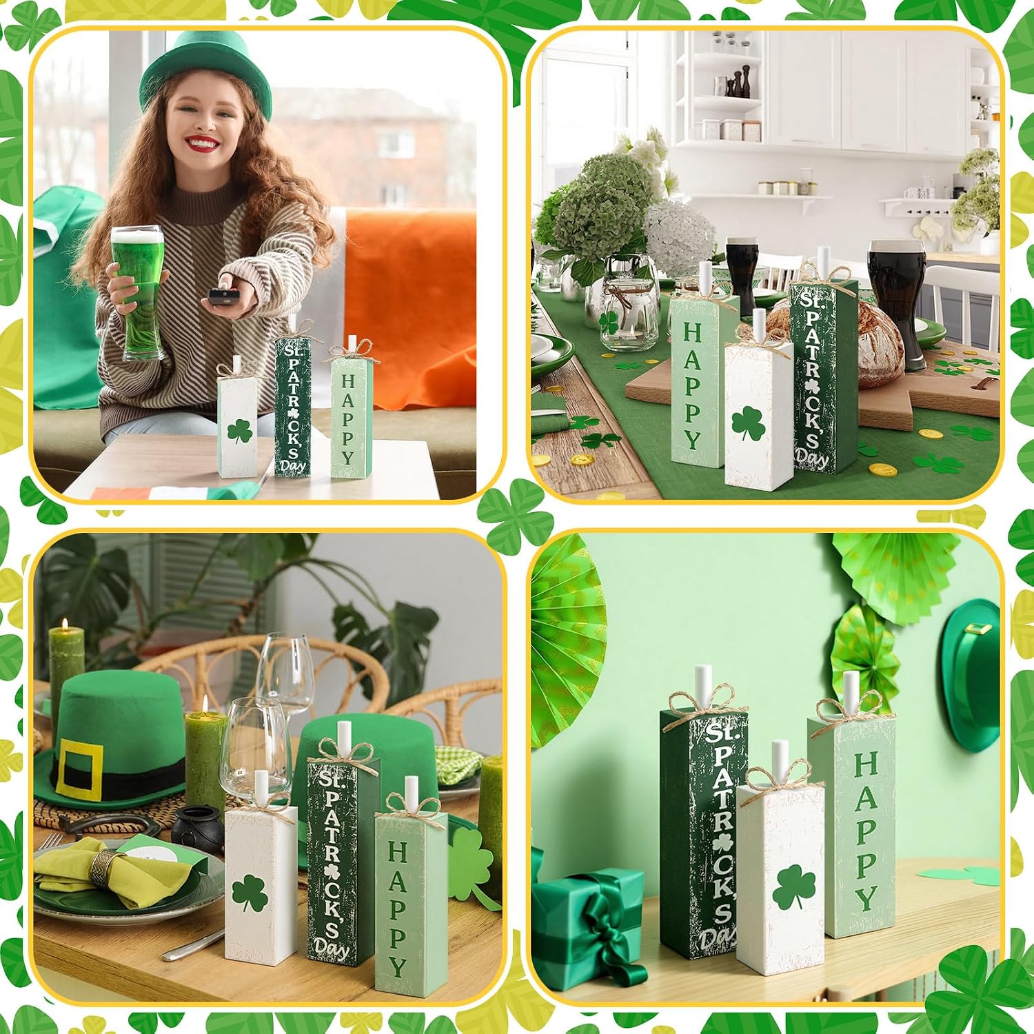 MiniInflat 3 Pcs St. Patrick's Day Table Decor Irish Tiered Tray Decor Green and White Clover Block Sign Rustic Farmhouse Wooden Tabletop Centerpieces for Home Office Kitchen Shelf Decorations