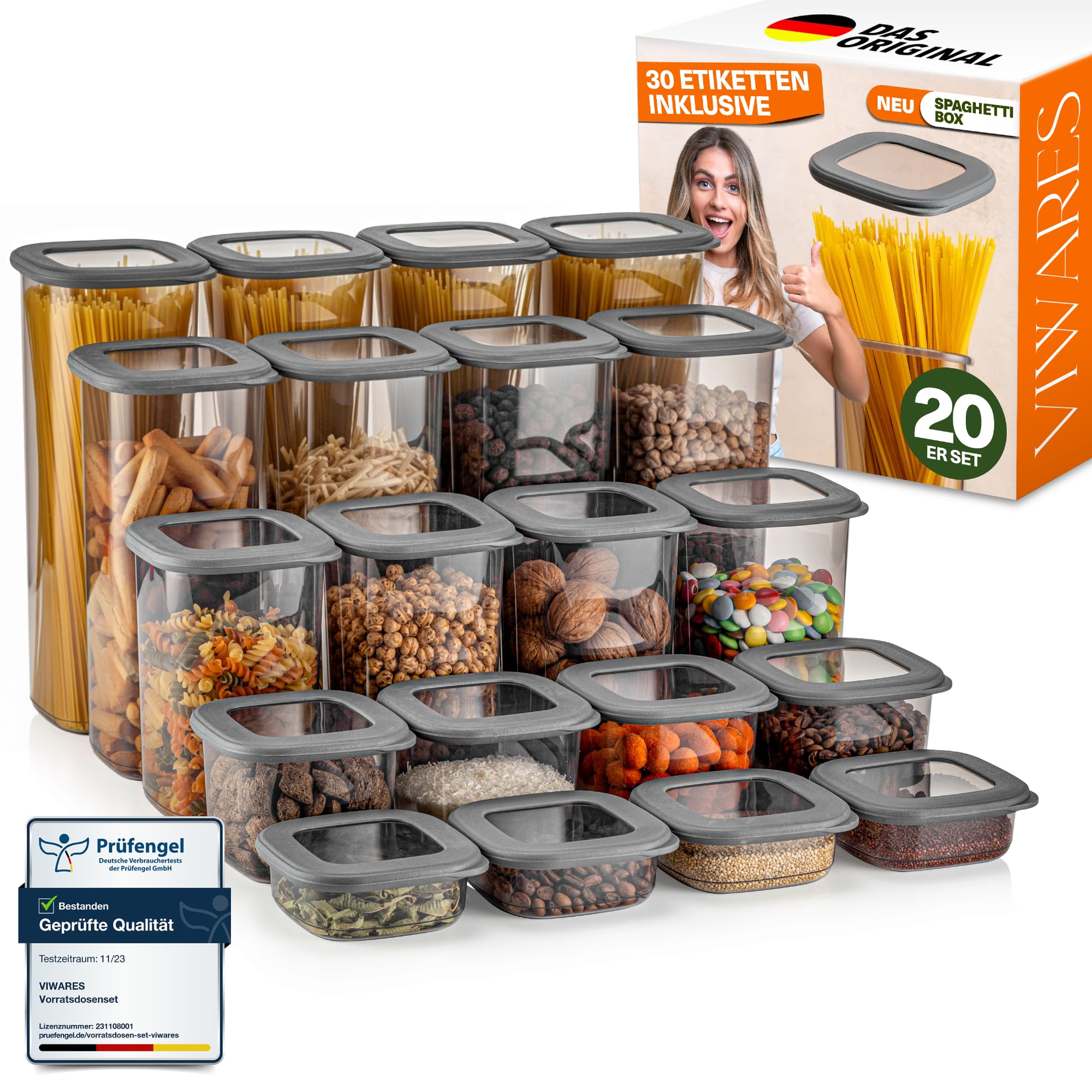 Viwares Contenitori con coperchio, ermetici, set da 20 contenitori senza BPA, per la conservazione della farina di cereali, cucina, pratico organizer da cucina, contenitori per alimenti