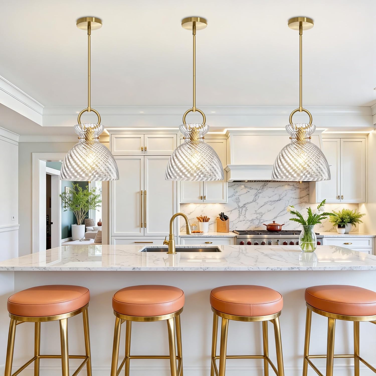 Glass Pendant Light Kitchen Island, Modern Pendant Lighting Over Sink, Adjustable Hanging Ceiling Light with 9.84'' Striped Glass Shade for Dining Room Bedroom Hallway, Gold, Single Pack