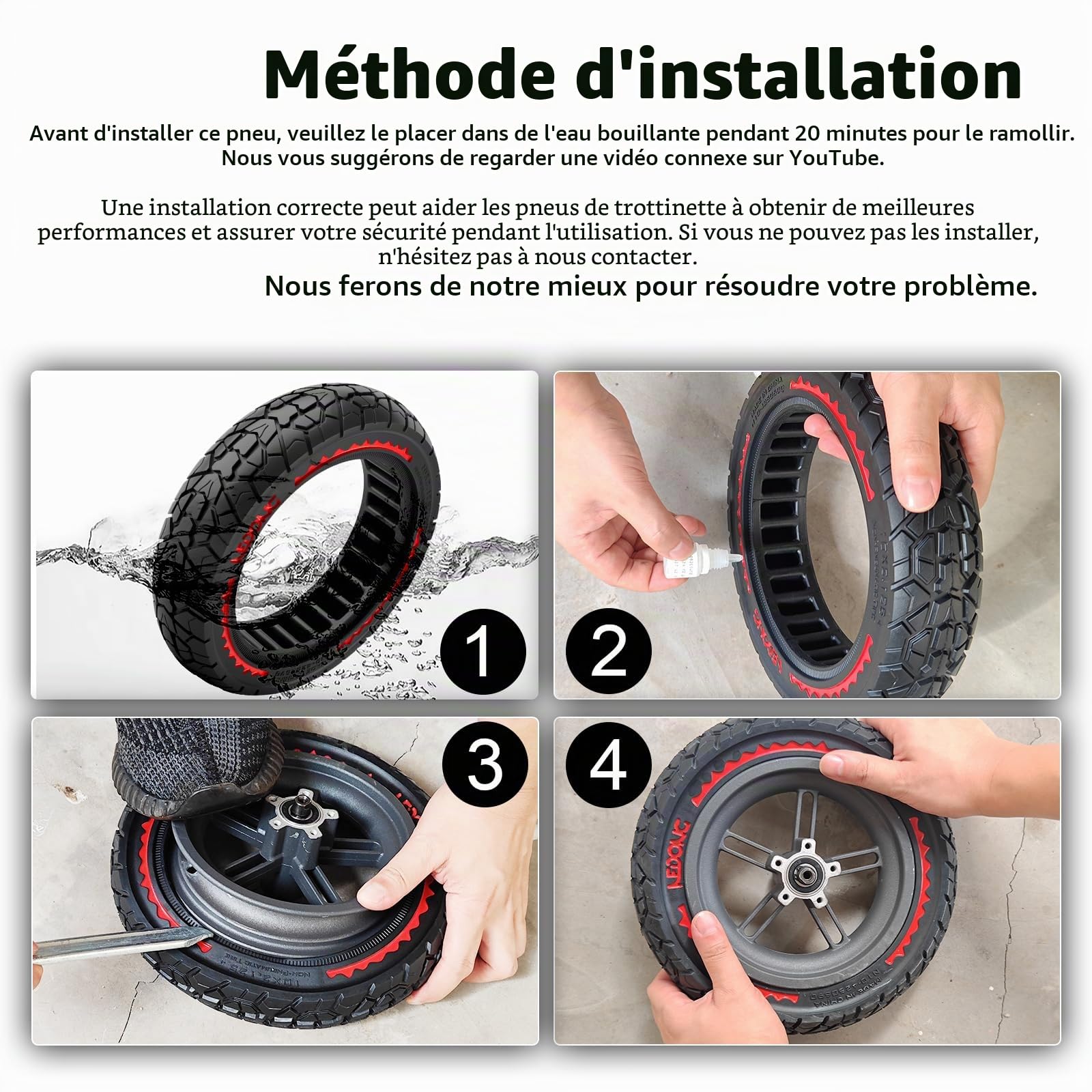 OUXI 10X2.125 Off Road pneu pour Scooter électrique Ninebot F20/F30/F40/F65, pneus en caoutchouc solides de 10 pouces pour pneu de Scooter électrique solide avant et arrière Tubeless(Rouge 2pcs)