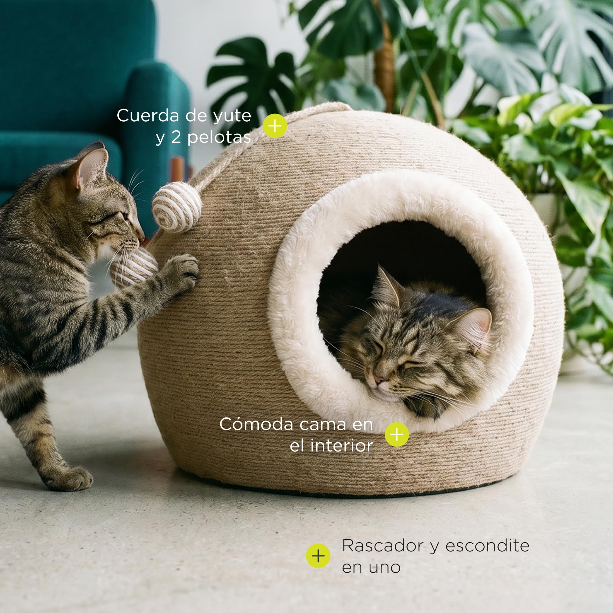 Flurby Rascador de Sisal con Casa para Gato Bola 45x45x37 cm, Cama y Escondite, Base Estable Antideslizante, Juguete con 2 Pelotas Colgantes