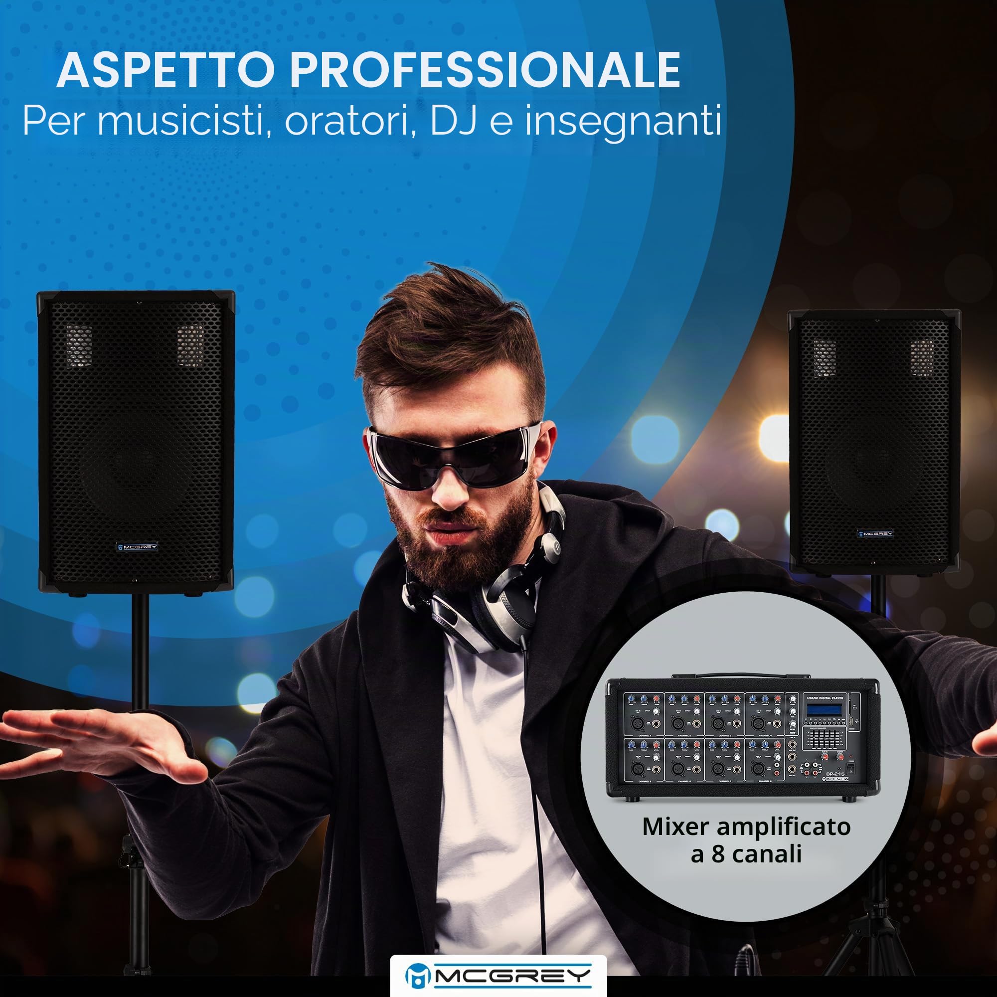 McGrey BP-215 Bandpack PA-System: mixer amplificatore 8 canali, riverbero digitale, Bluetooth, slot USB/SD, casse 2 vie 15" woofer, microfono, supporti, cavi, 150 Watt.
