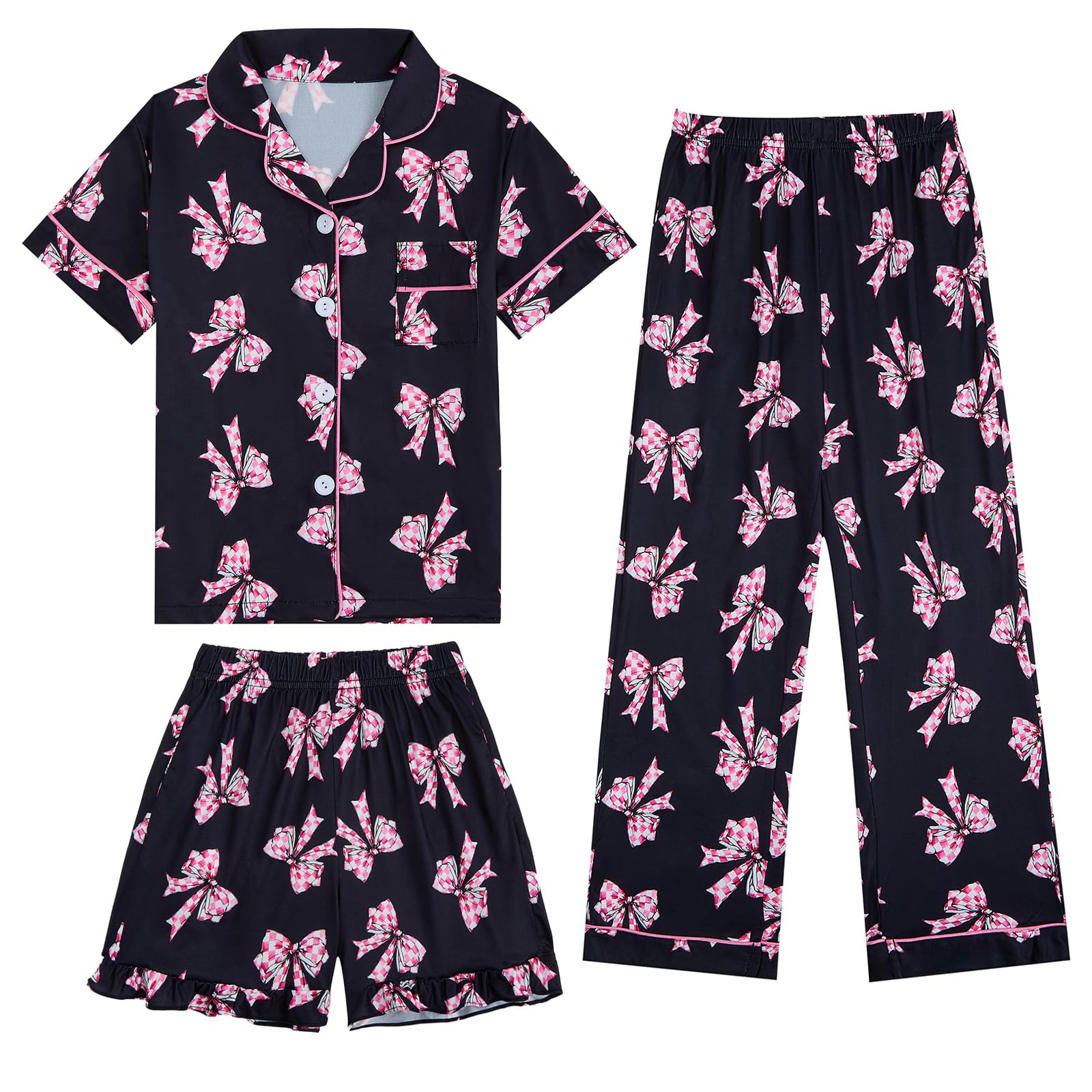 Girls Valentine's Sets Button Down 3 Piece Sets Colorful Printed Short Sleeve 4-12 Years
