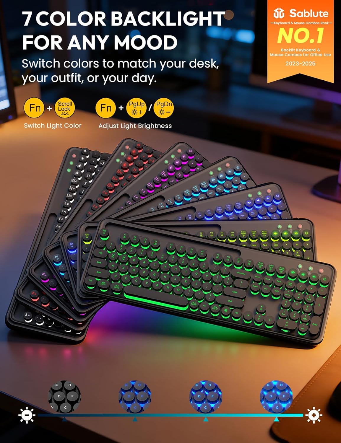 Wireless Keyboard and Mouse Combo - Backlit Typewriter Keyboard with Magnetic Wrist Rest & Phone Holder, Light Up Round Keycaps, 2.4GHz Cordless Set for Mac, Windows, PC, Laptop, SABLUTE