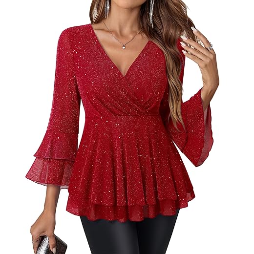Vafoly Women's Blouses 3/4 Sleeve Elegant V-Neck Tunic with Ruffle Sleeves Glitter Festive Tops for Everyday and Party