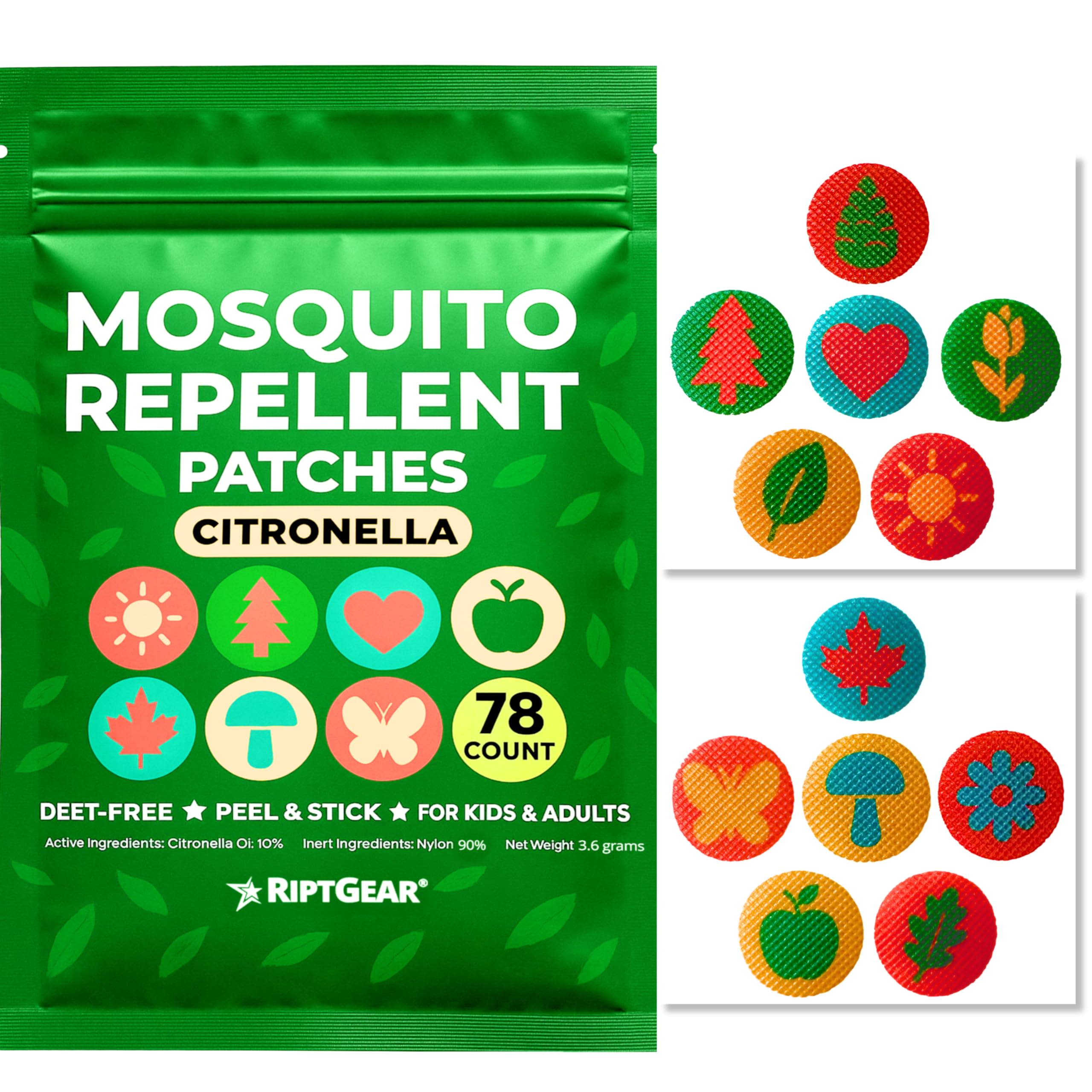 RiptGear Mosquito Patches - 78 Pack of Bug Stickers for Kids and Adults, Natural Citronella Patch Sticks to Any Surface - DEET Free Mosquito Stickers