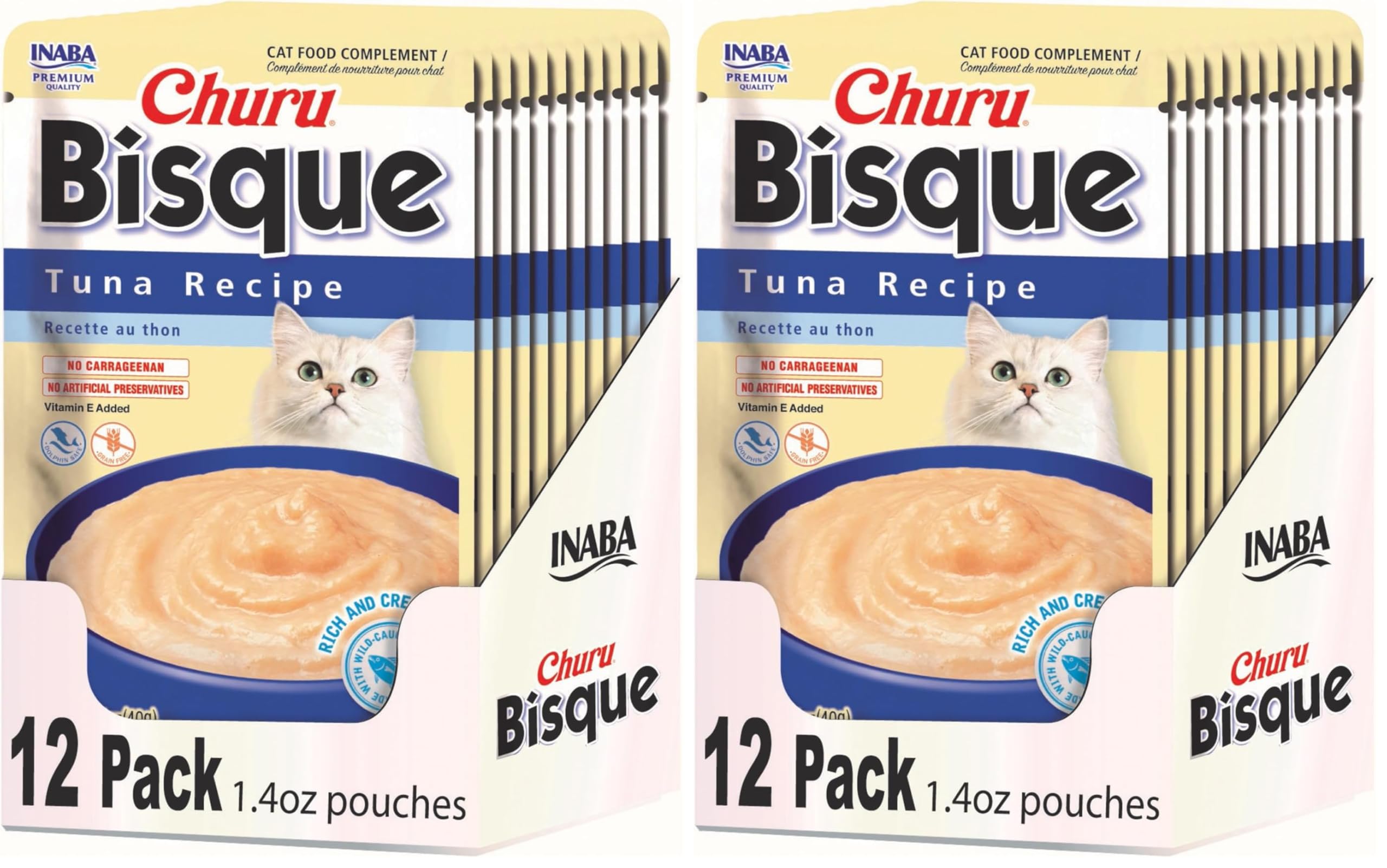 INABA Churu Bisque for Cats,Creamy Lickable Purée Side Dish with Vitamin E,1.4 Ounces per Pouch,Tuna Recipe,(Pack of 24)