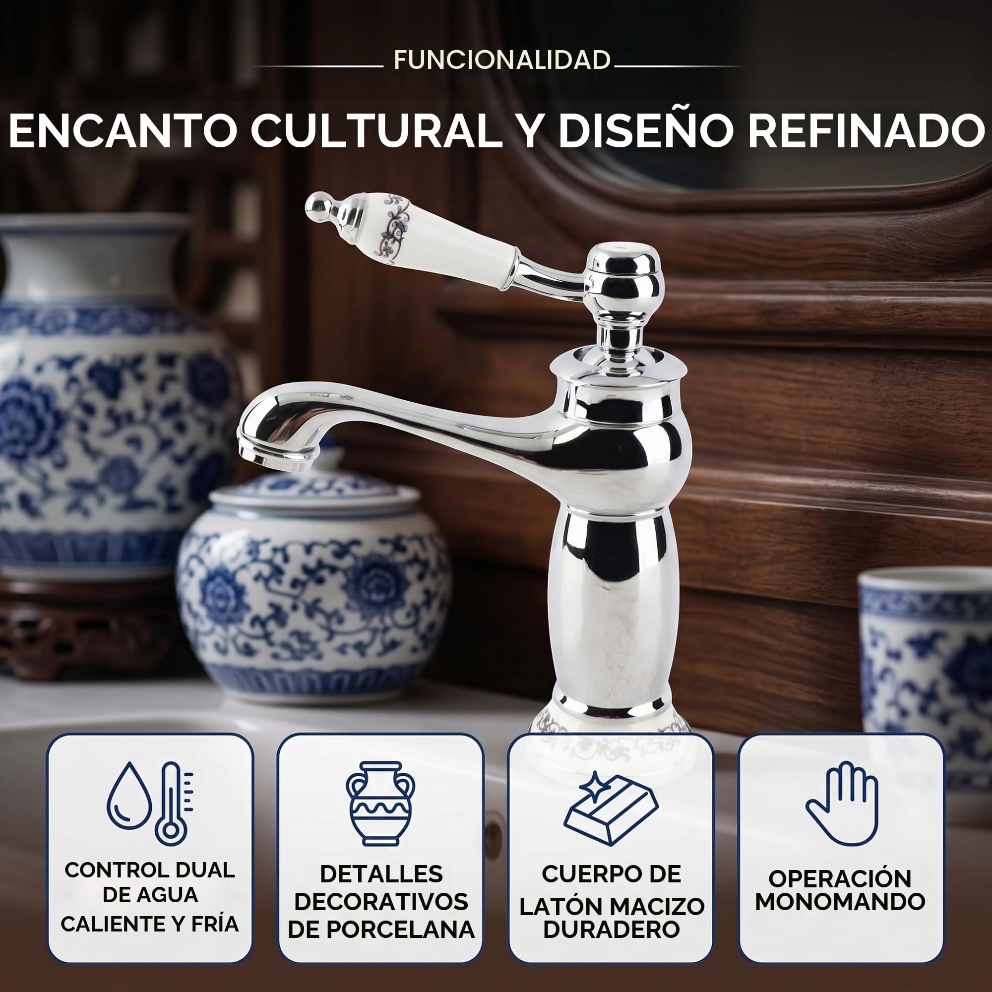 Garosa Grifo Mezclador Vintage con Flor, Grifo de una Manija en Bronce Cromado para Lavabo, Diseño Elegante y Duradero, Ideal para Agua Fría y Caliente