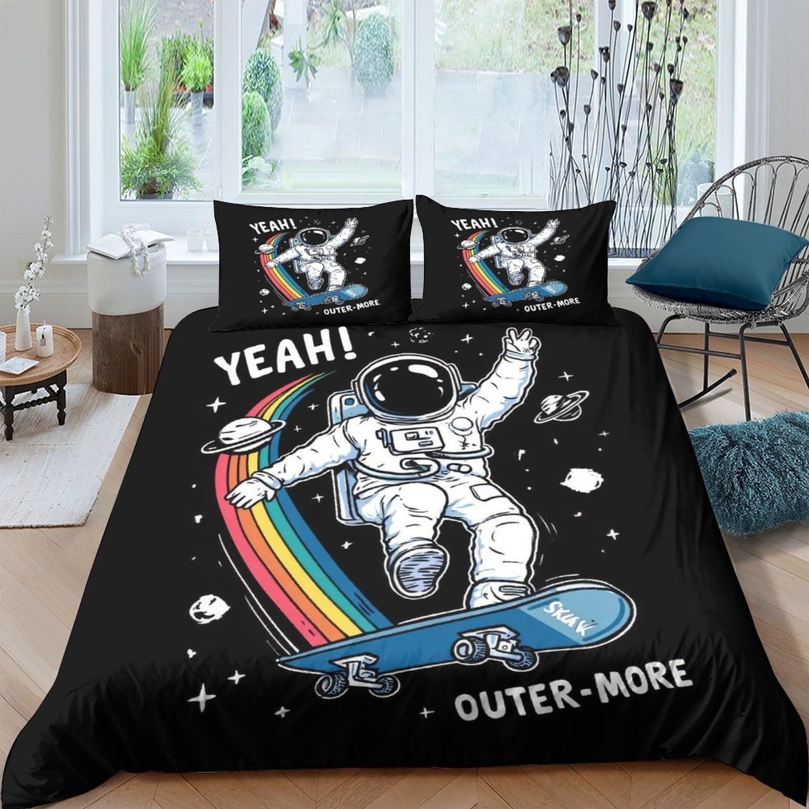 Ctjqhvkz Style-10 3D Printed Astronaut Rainbow Fitted Sheet Microfiber Soft Black Space Skateboard Bed Cover For Bedroom Dorm Mattress Decor Single（135X200cm）