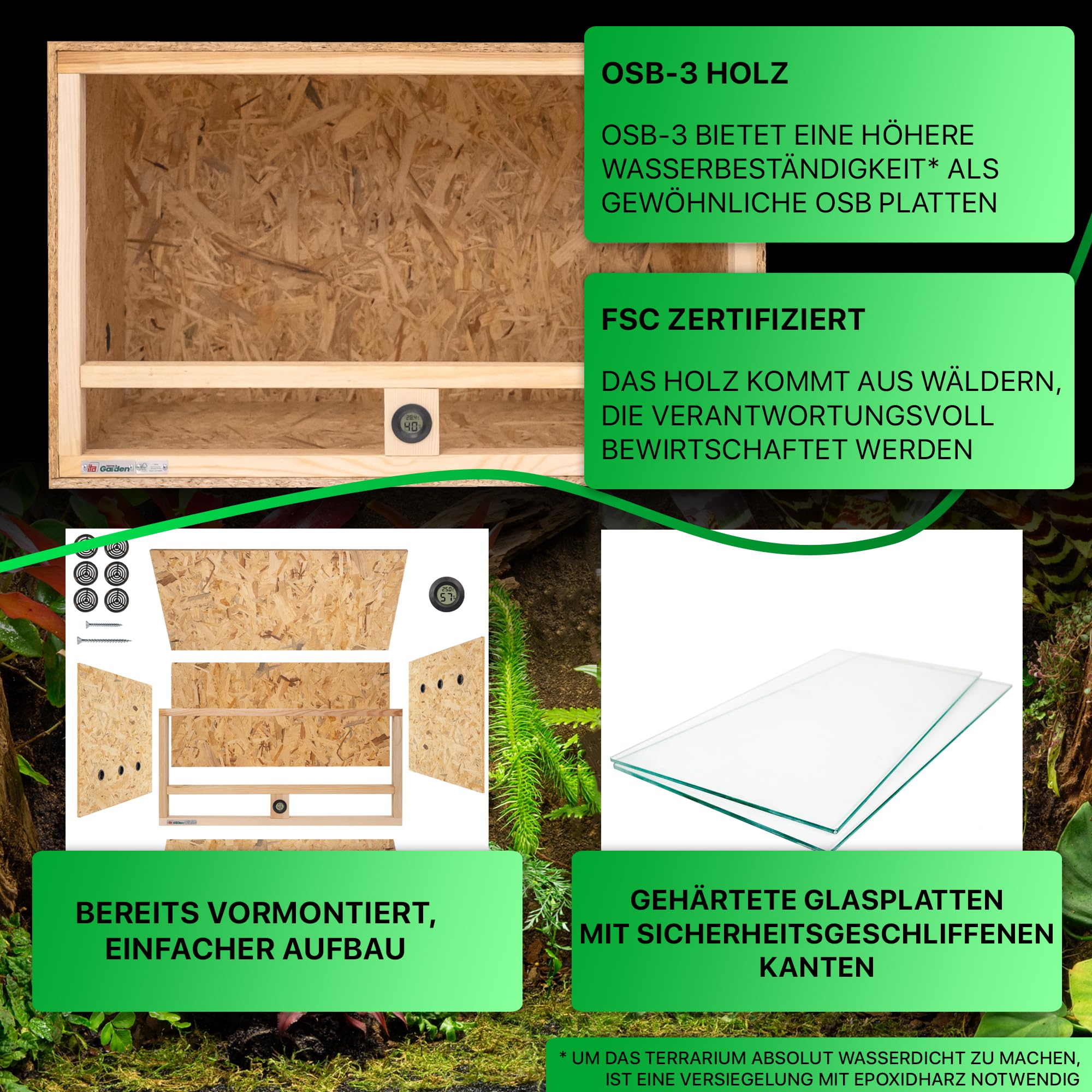 ITA Holz Terrarium 80x50x50 cm mit Seitenbelüftung & Integriertem Hygrometer - Holzterrarium aus OSB-3 Platten - Terrarien für Reptilien, Schlangen, Amphibien - EU Produkt, FSC Zertifiziert