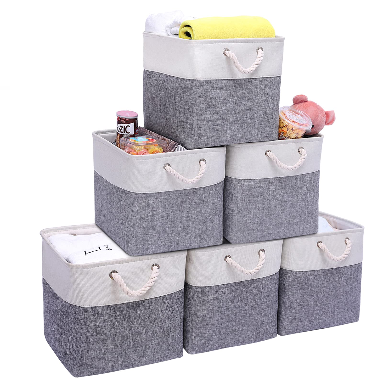 HEHEYQJ Large Cube Storage Baskets (10.5 Ã— 10.5 Ã— 11 inches), Canvas Fabric Collapsible Storage Boxes with Cotton Handles for Laundryï¼ŒCloset, Shelves, Clothes, Toys, Towel (Grey/White, 6 Pack)
