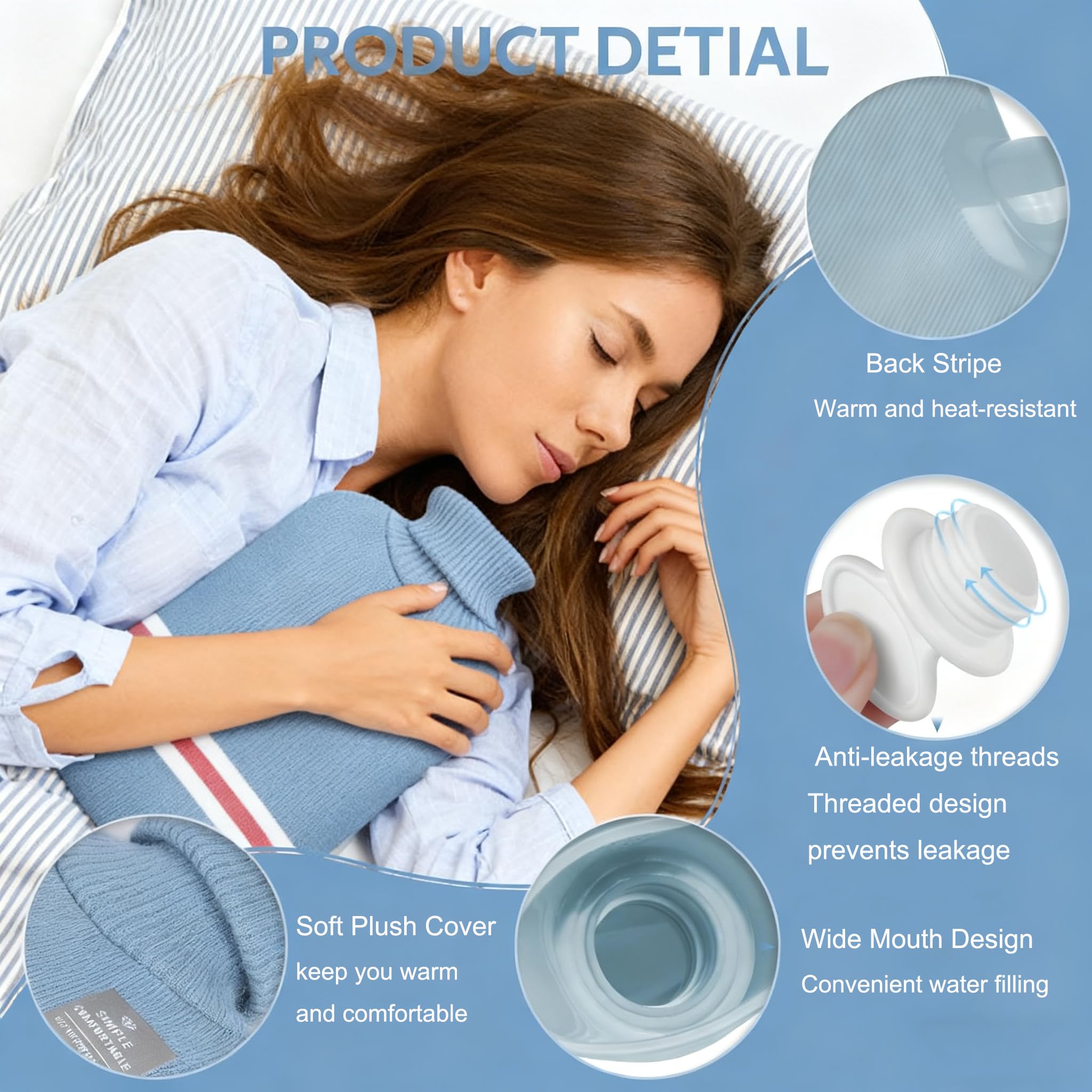 Bolsa de Agua Caliente con Funda de Peluche 2L Grande Botella de Agua Caliente para Adultos y Niños Bolsas Agua Caliente Antifugas para Mantener el Dolor Muscular Menstrual y Articular (Azul)