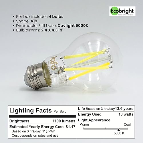 Miniatura 2 de EcoBright 8PK - Bombilla de filamento LED A19 regulable, 10 W (equivalente a 100 W), base E26, 1100 lúmenes, CRI90+, vidrio transparente sin