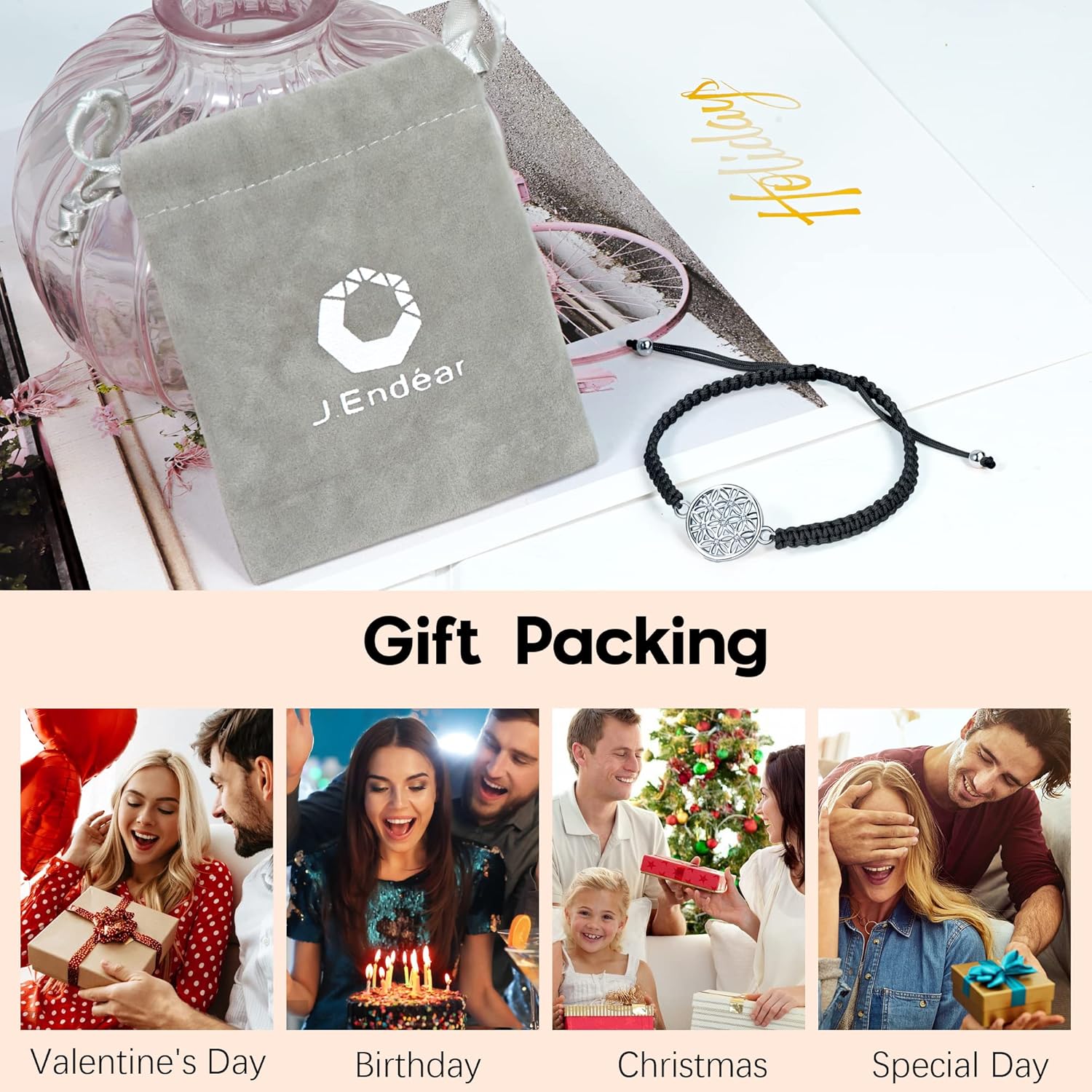 J.Endéar Flower of Life Bracelet for Women, 925 Sterling Silver Zirconia Handmade Filigree Rope String Adjustable Bracelet, Amulet Lucky Jewelry Gift - Image 7