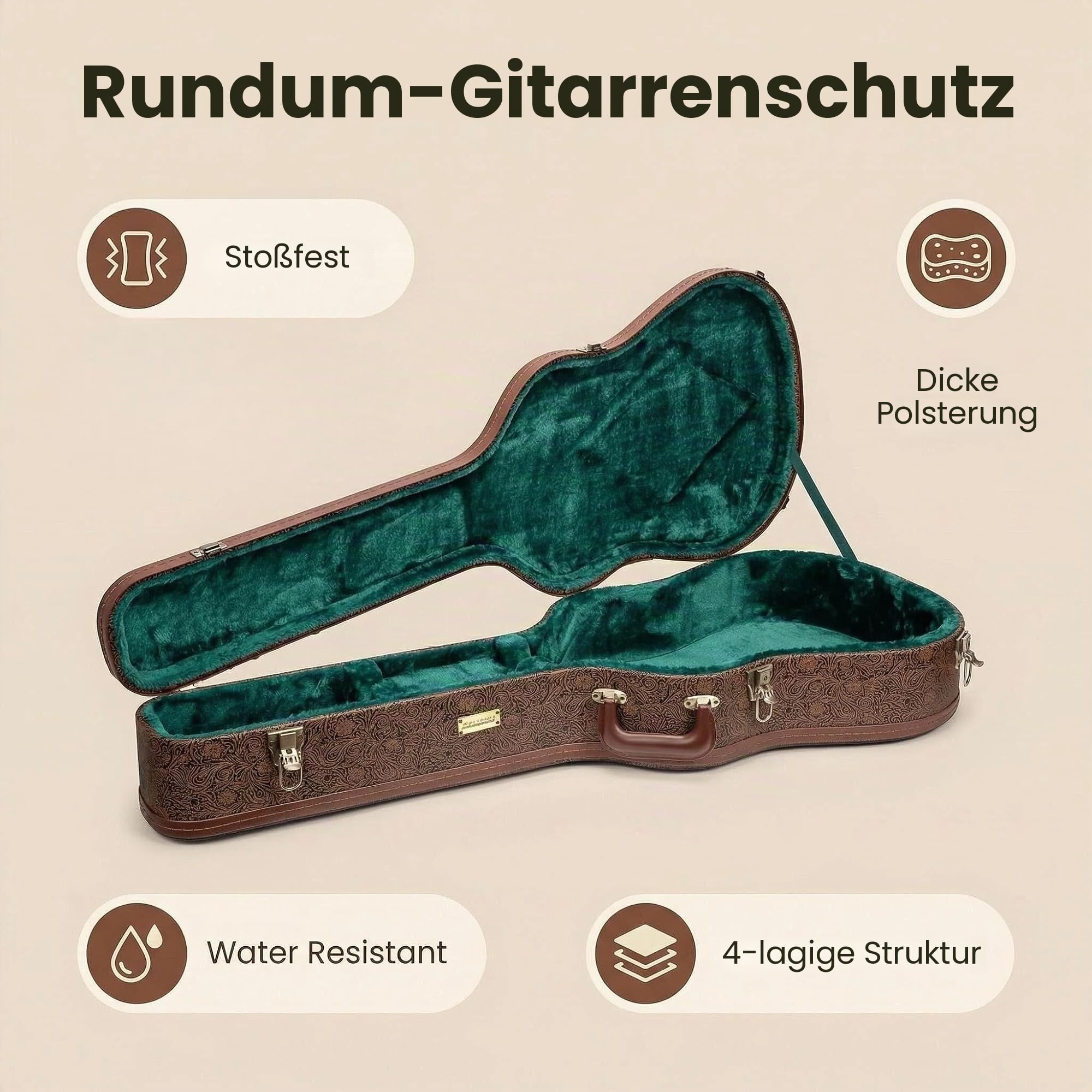 Crossrock Designer Series - Holzetui für OM/000-14 Fret Akustikgitarre - Sicherheitsschloss, Metallfüße, Stauraum- Blütenbraun(CRW530OMBQ)