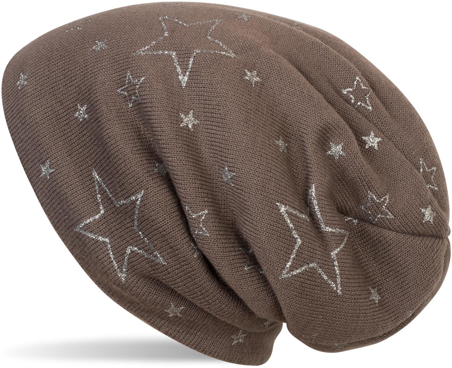 Stylebreaker Women's Taupe Warm Fine-Knit Beanie Hat With Glittering Metallic Star Print, Fleece Lining, Slouch Long Beanie, 04024125, Colour: