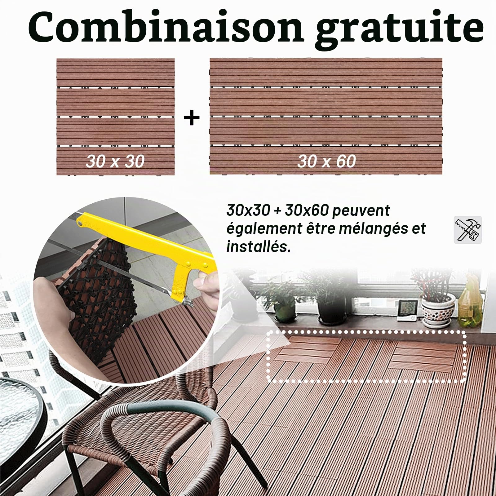 LZQ Dalles de terrasse clipsables en bois composite 30 x 60 cm 1 m² au total Anthracite Aspect bois Dalles étanches pour jardin, balcon et terrasse