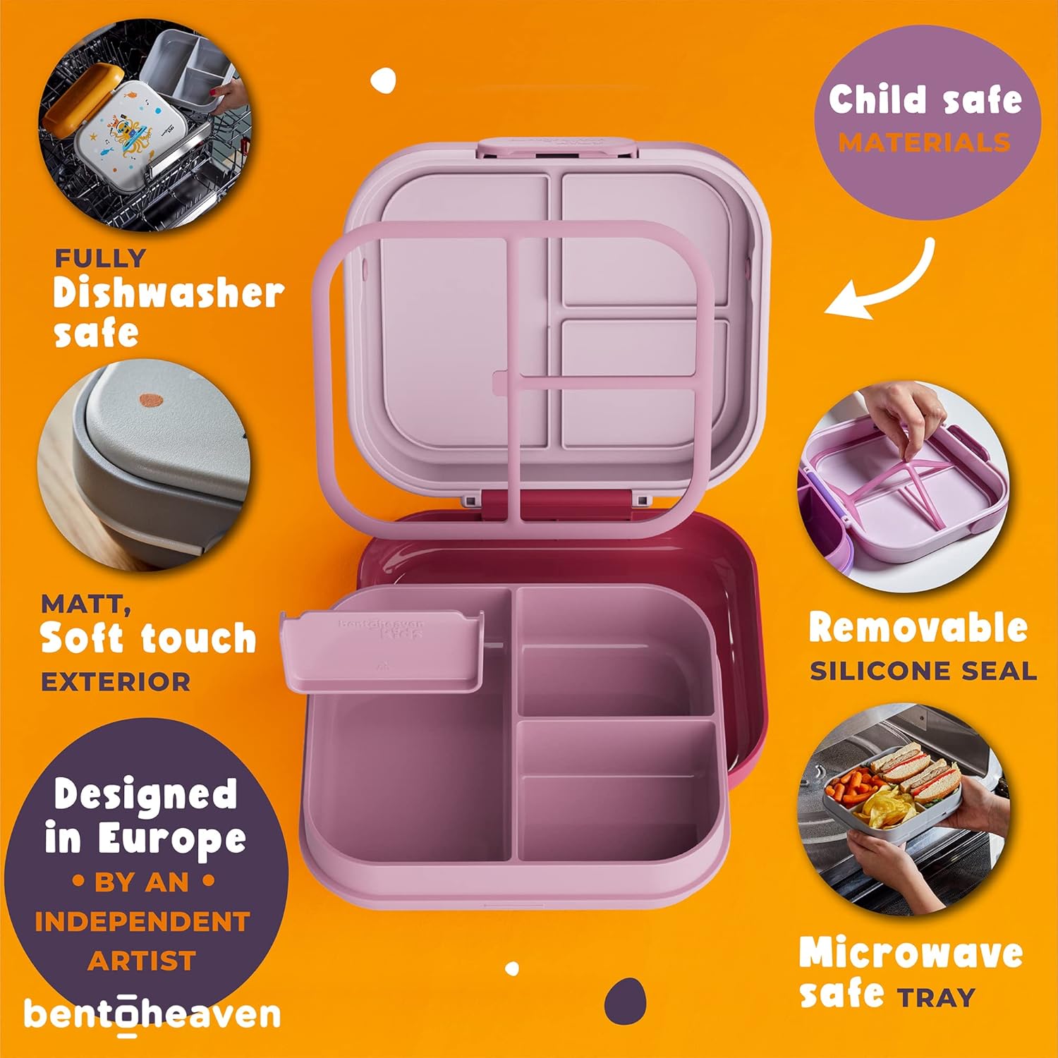 Bentoheaven Premium Bento Lunch Box for Kids, 9 Designs, Leak-proof 3-4 Compartments, Divider, Ideal size 30oz, Microwave/Dishwasher Safe Kids Bento Box (Loncheras Para Niños/Niñas)[Coral Pink]