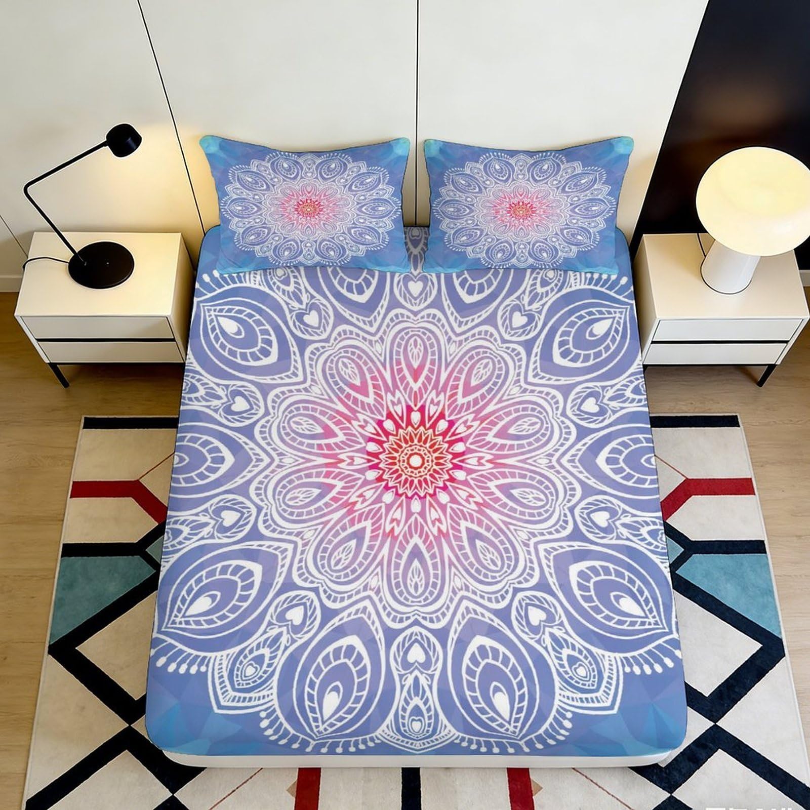 Pnayamiorkfel Style-9 3D Printed Mandala Flower Fitted Sheet Microfiber Soft Purple Blue Boho Mattress Cover For Bedroom Guest Room Decor 90X200x25cm