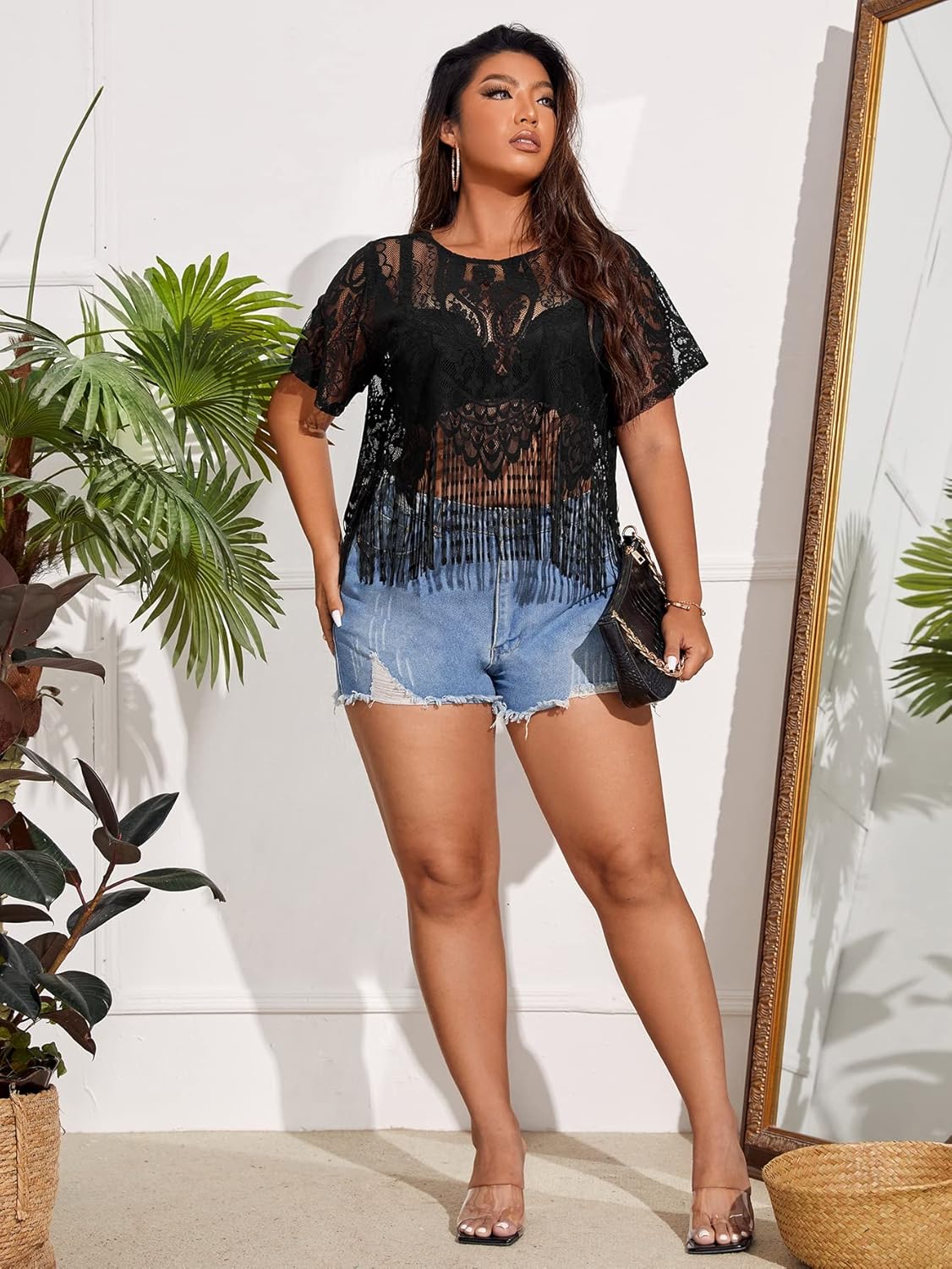 SOLY HUX Women's Plus Size Sheer Lace Tee Fringe Hem Short Sleeve See Through T Shirt Tops Concert Outfits - Image 5