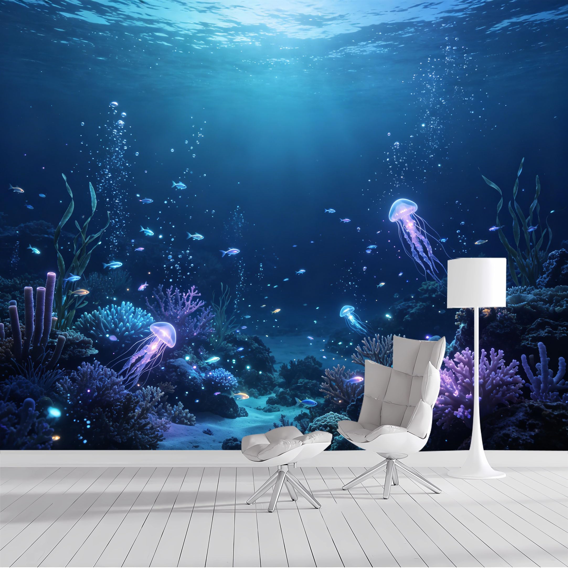 Custom Size Wall Mural Underwater Ocean Jellyfish Marine Life Coral Reef Landscape Watercolor SelfAdhesive Wall Fabric Removable Peel and Stick Wallpaper for Living Room Bedroom Bathroom