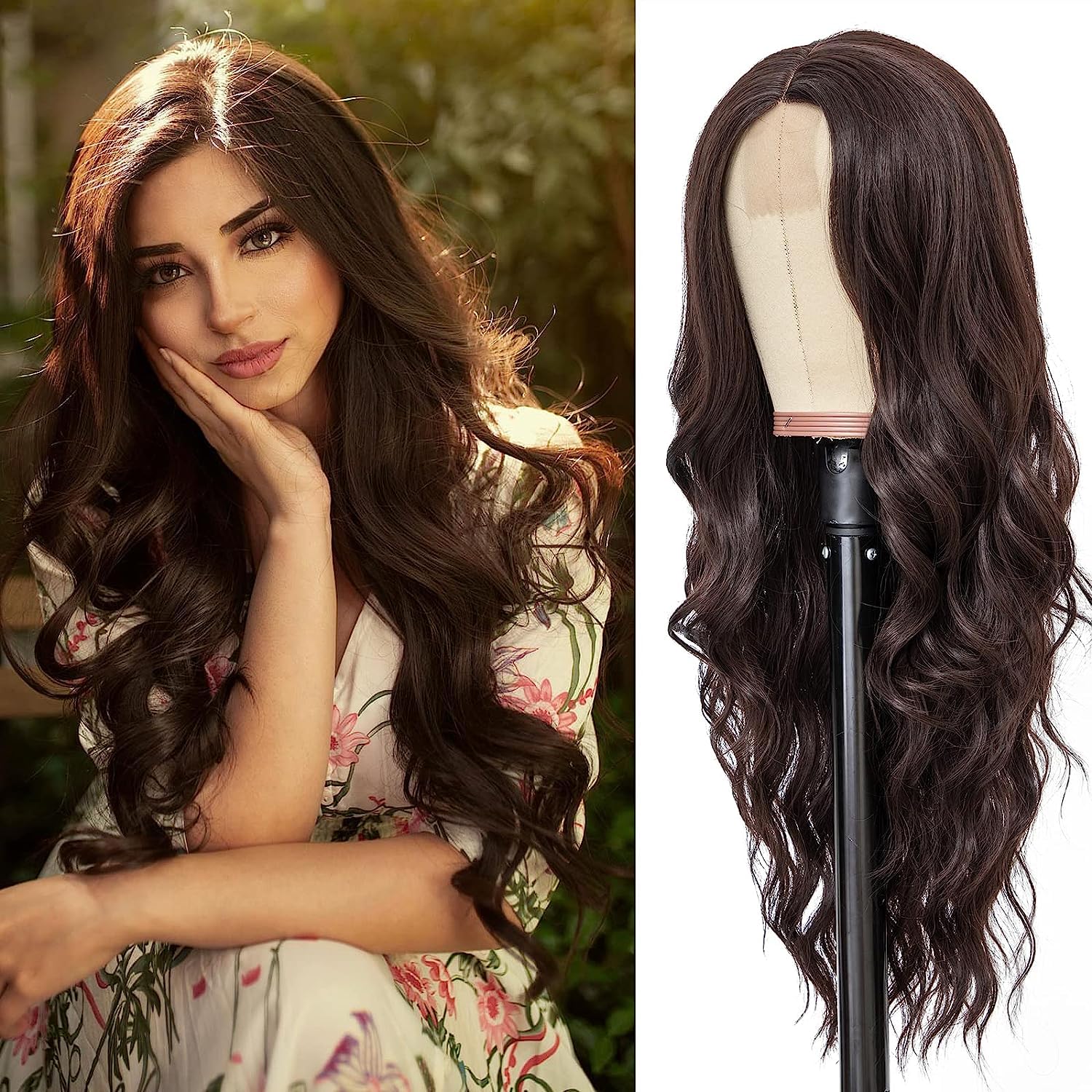 PORSMEER Long Dark Brown Wavy Wig for Women 26 Inch Lace Middle Part Curly Natural Looking Synthetic Heat Resistant Fiber for Daily Party Use
