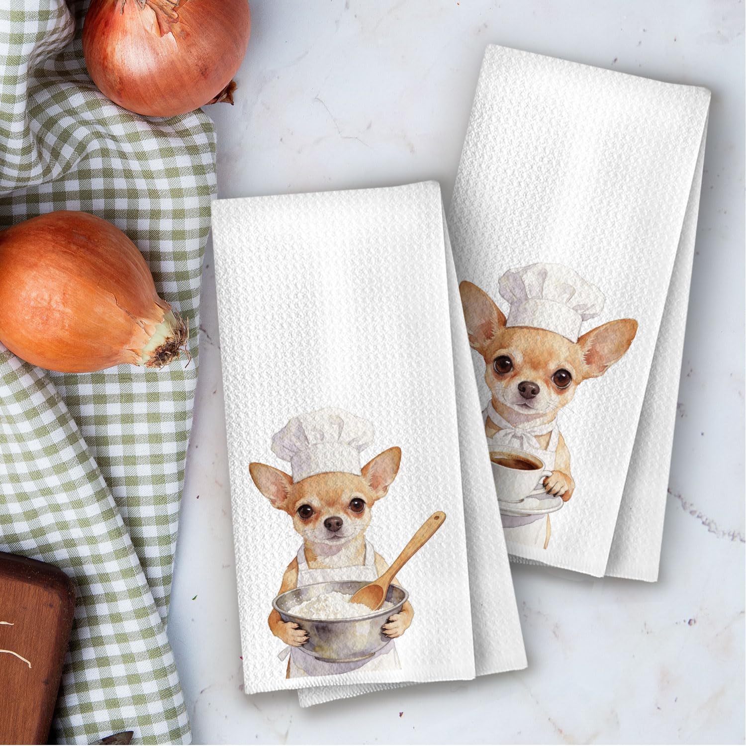 Chef Chihuahua Kitchen Towels Set - Funny Chihuahua Chef Gifts Waffle Dish Towels, Hostess Gifts for Women Hand Towel, Chefs Coffee Tea Towel, 16x24 Inch Set of 2
