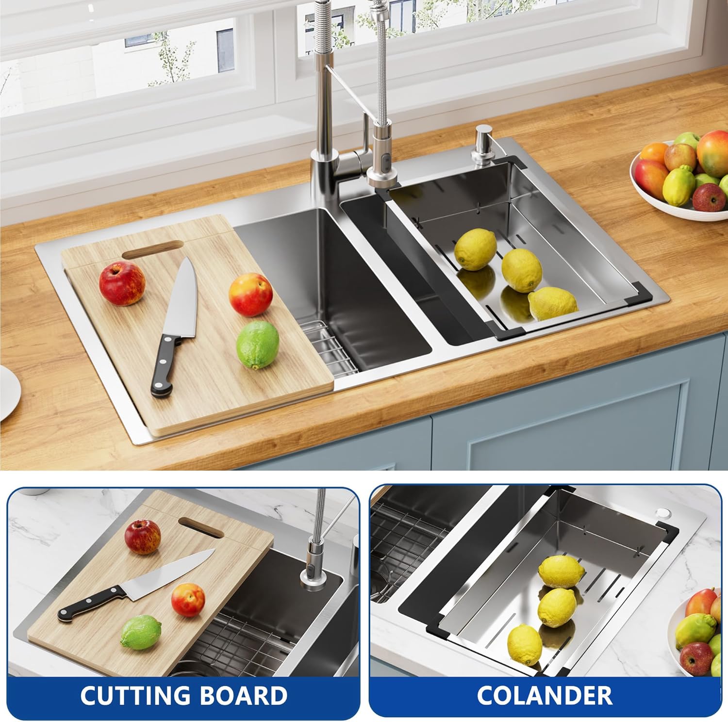 32 Inch Drop In Double Kitchen Sink - 16 Gauge Stainless Steel 60/40 Topmount Double Bowl Kitchen Sink with Accessories(31.5"Lx19.7"W)