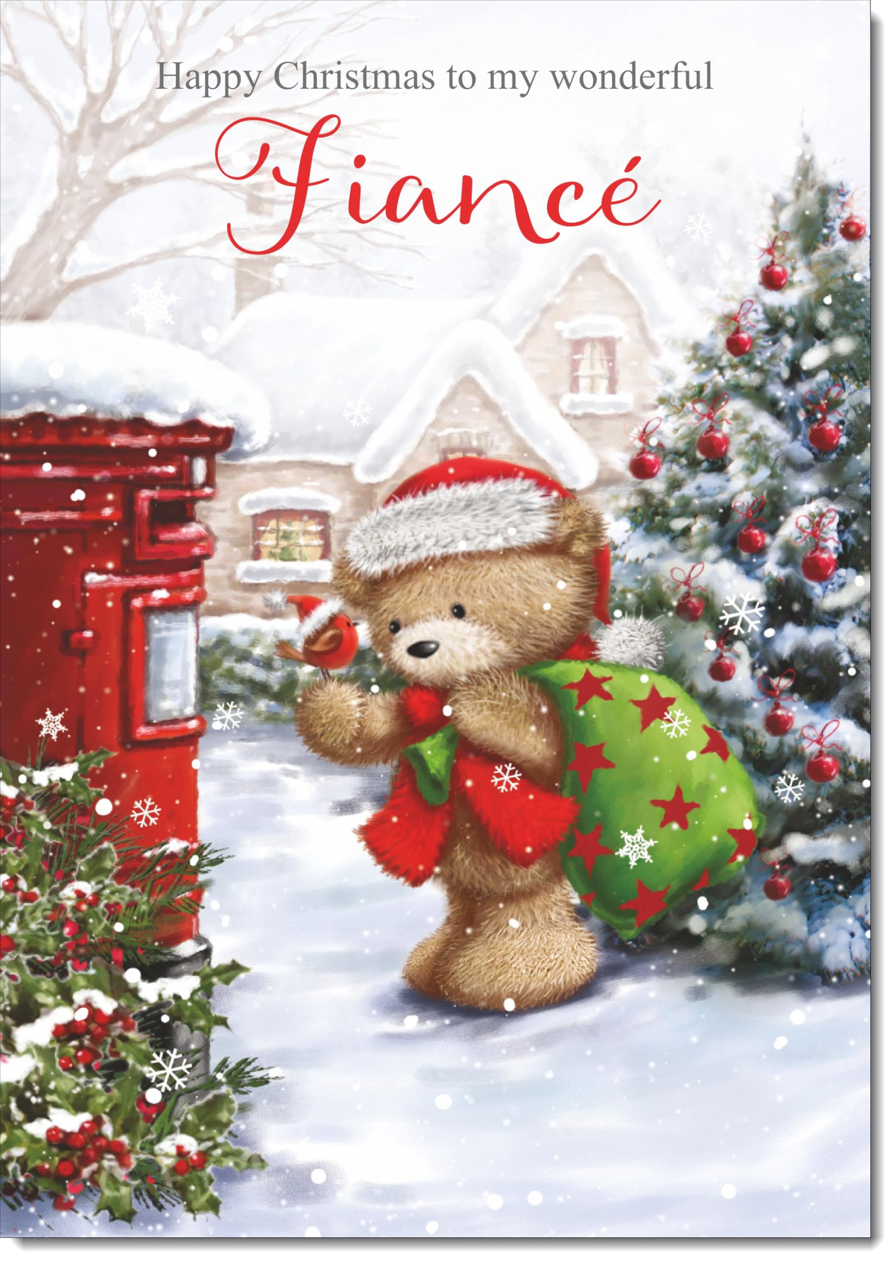 doodlecards Fiance Christmas Card Cute Bear Posting a Letter Large A4 Size Christmas Card for Fiance with Plain Envelope — image 1