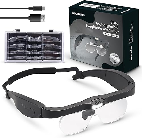 YOCTOSUN Lupas con luz, lupa de cabeza recargables con 3 luces LED y lentes desmontables 1.5X, 2.5X, 3.5X, 5X, auriculares con aumento para trabajo