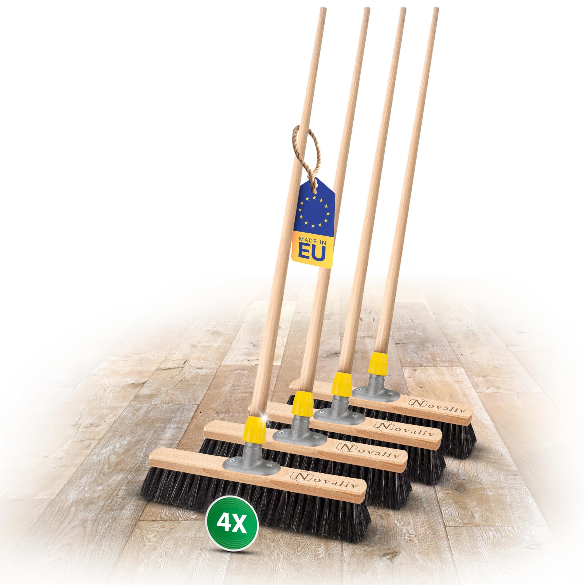 Novaliv 4X Besen Rosshaar Mischung 40 cm I Besen mit Holzstiel I Saalbesen weiche Borsten I Kehrbesen Zimmerbesen Stubenbesen