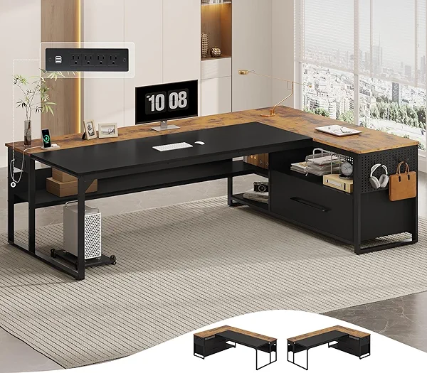 UPOSOJA 71" Executive Desk, Large Office Desk with Widen File Drawers & Power Outlets, Reversible L Shaped Computer Desk Corner Desk with Storage Shelves, CPU Stand, Hooks, Business Furniture