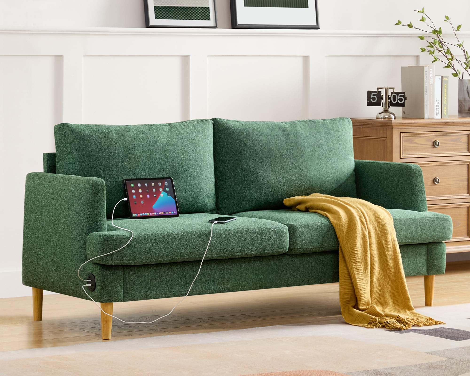 Busaurus 70" Loveseat Sofa, Mid Century Modern Small Couches for Small Spaces, Upholstered 2 Seater Couches Linen Fabric Sofa with Comfy Pillows & USB for Living Room, Bedroom, Office, Green