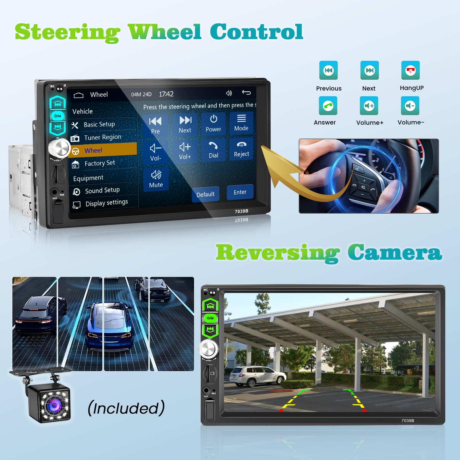 Hikity 1 Din Autoradio Wired Carplay Android Auto Bluetooth, Écran Tactile 7 Pouces Poste Radio Voiture Bluetooth Mains Libres Stéréo Lien Miroir FM EQ USB/AUX/TF SWC + Mic Externe + Caméra de Recul