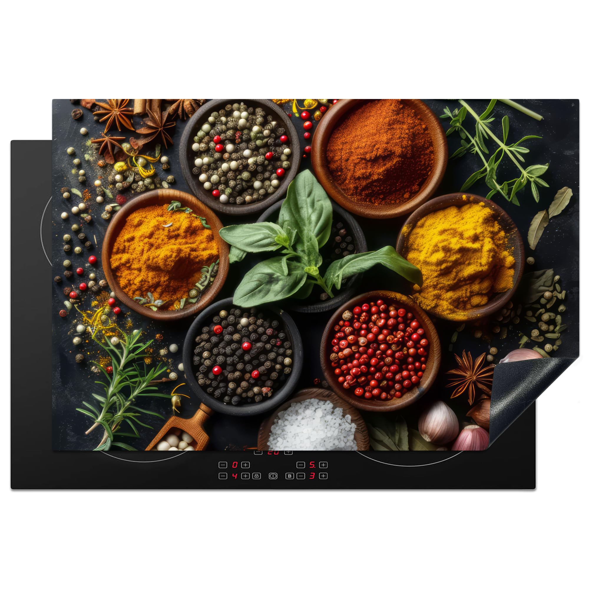 KitchenYeah© Herdabdeckplatte Einteilig Induktionsmatte Küche Abdeckung Ceranfeld Herd Abdeckplatte Deko Vinyl Matte Aufrollbar Kräuter - Küche - Paprika - Kochen - 78x52 cm