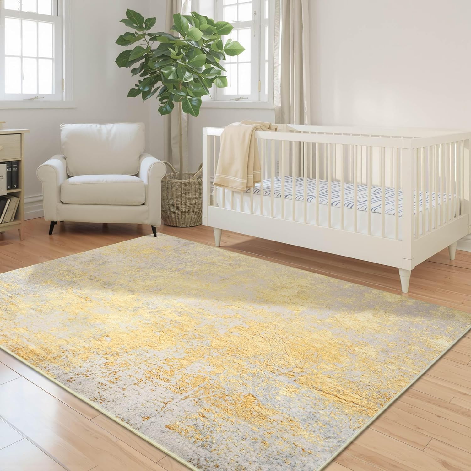 Nursery Rug for Baby Girl, 5x7 Gold Washable Rugs for Living Room Bedroom Dorm Non Slip, Stain Resistant Neutral Carpet Low Pile for Classroom, Dining Room, Kids Playroom Gold 5'x7'
