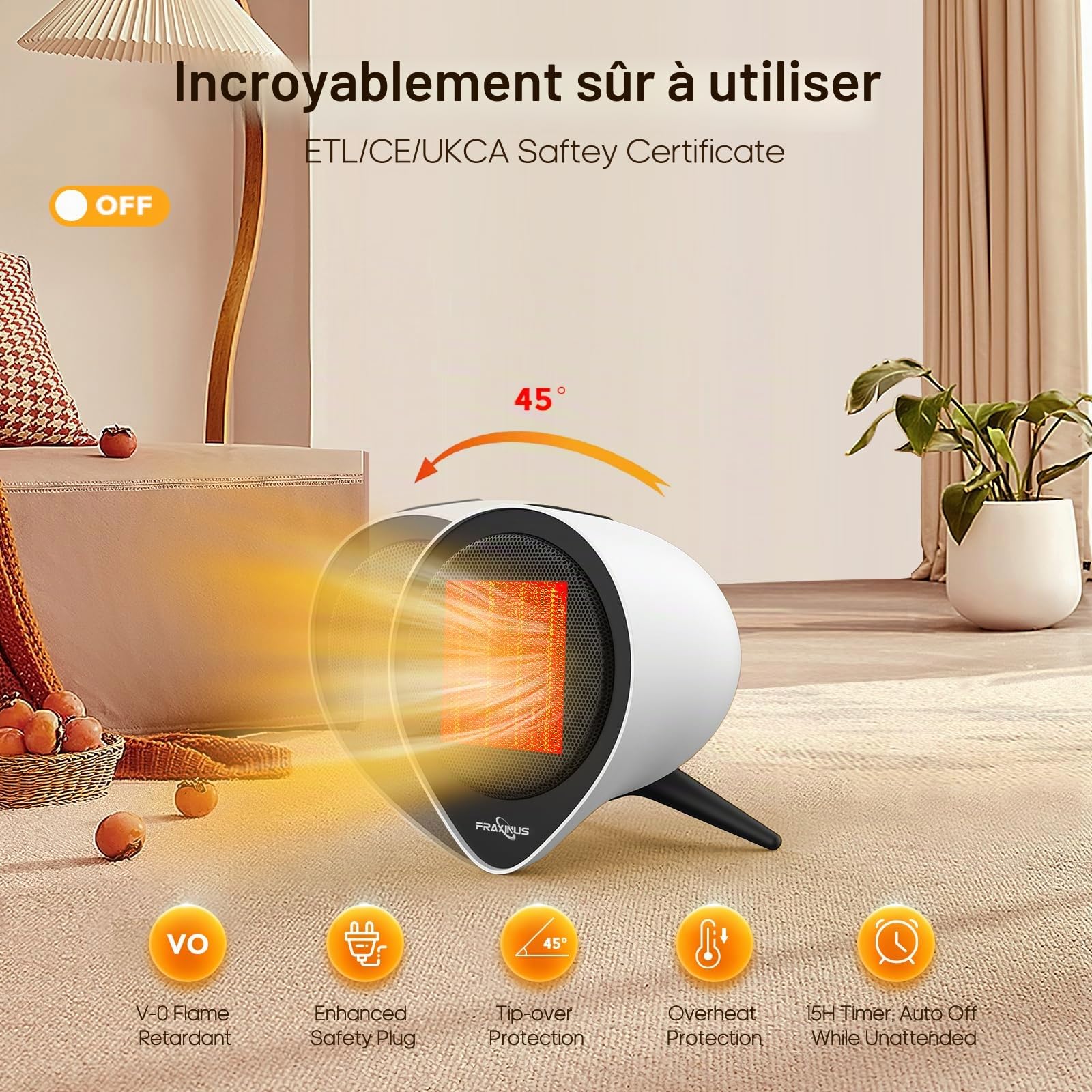 Mini Radiateur Céramique 1500W, Chauffage d'appoint avec Minuterie 1-15 h, Protection anti-surchauffe et anti-basculement, Compact pour Bureau, salon - Blanc