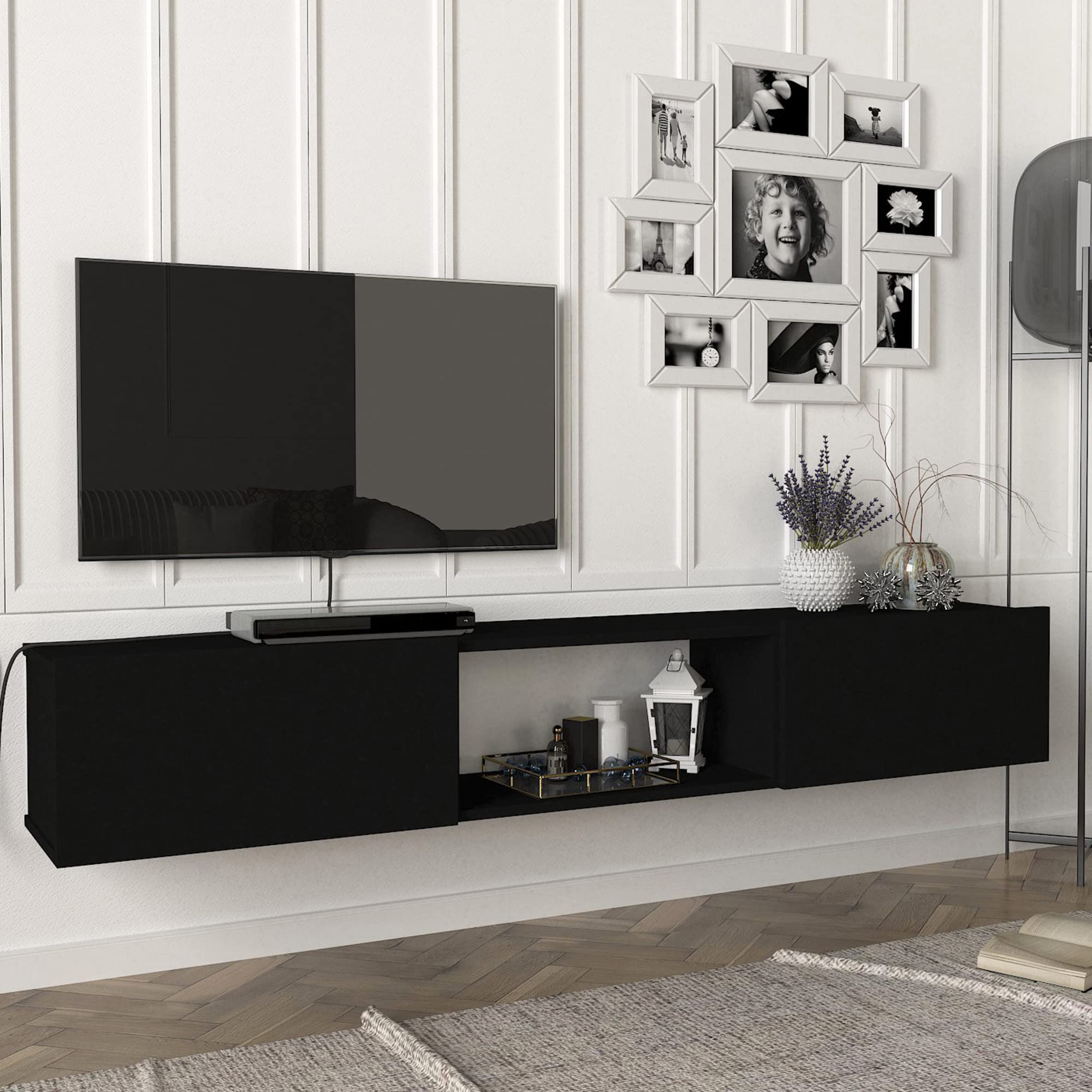 [en.casa] Mesa TV Flotante Mueble de Salón Suspendido con 3 Compartimientos con 2 Puertas Abatibles Aglomerado 180 x 31 x 30 cm - Negro