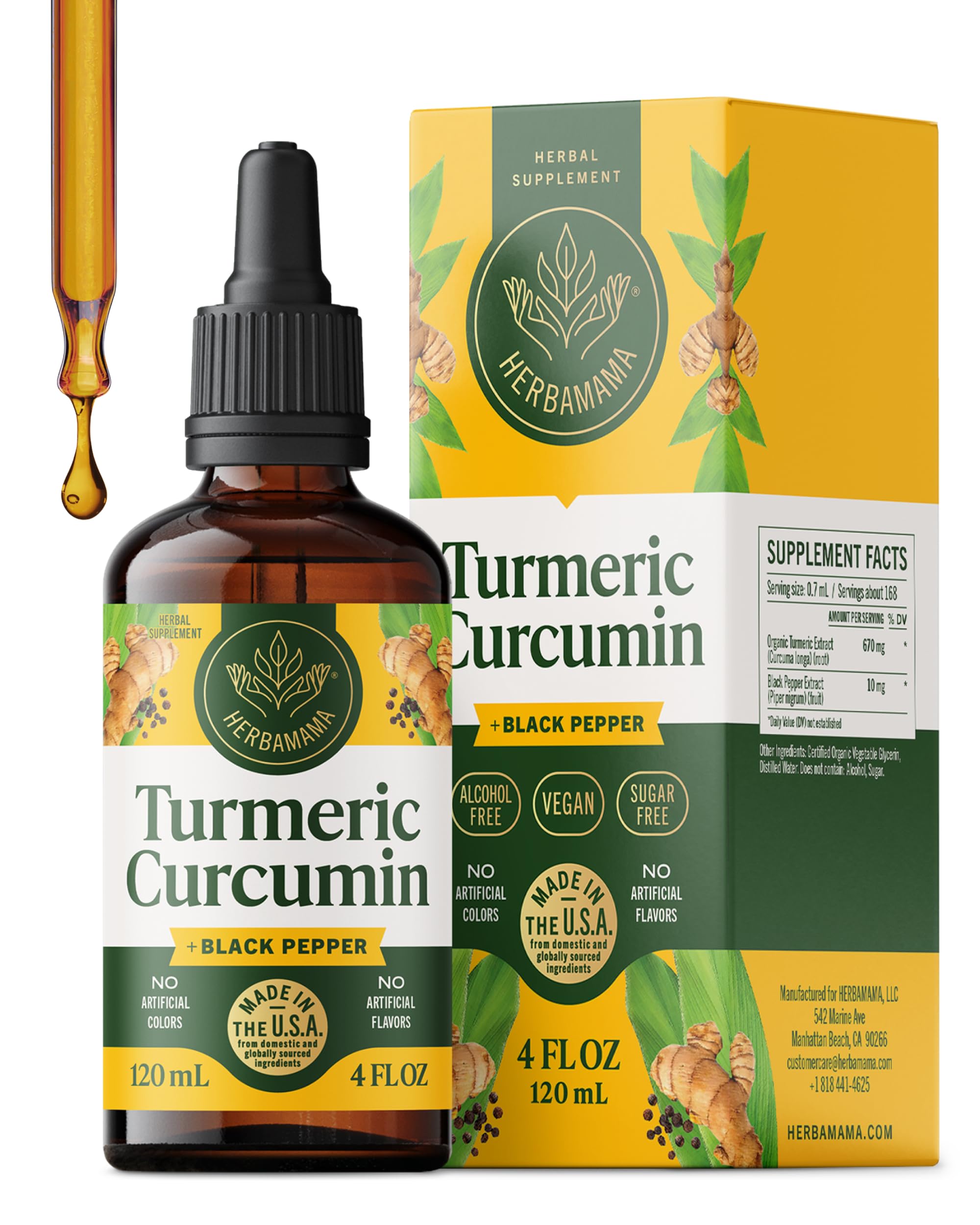 HERBAMAMA Turmeric Liquid Drops - Vegan Immune, Digestive & Mobility Support with Turmeric Curcumin with Black Pepper Extract - Non-GMO, Alcohol & Sugar-Free Antioxidant Supplement - 56-Day Supply