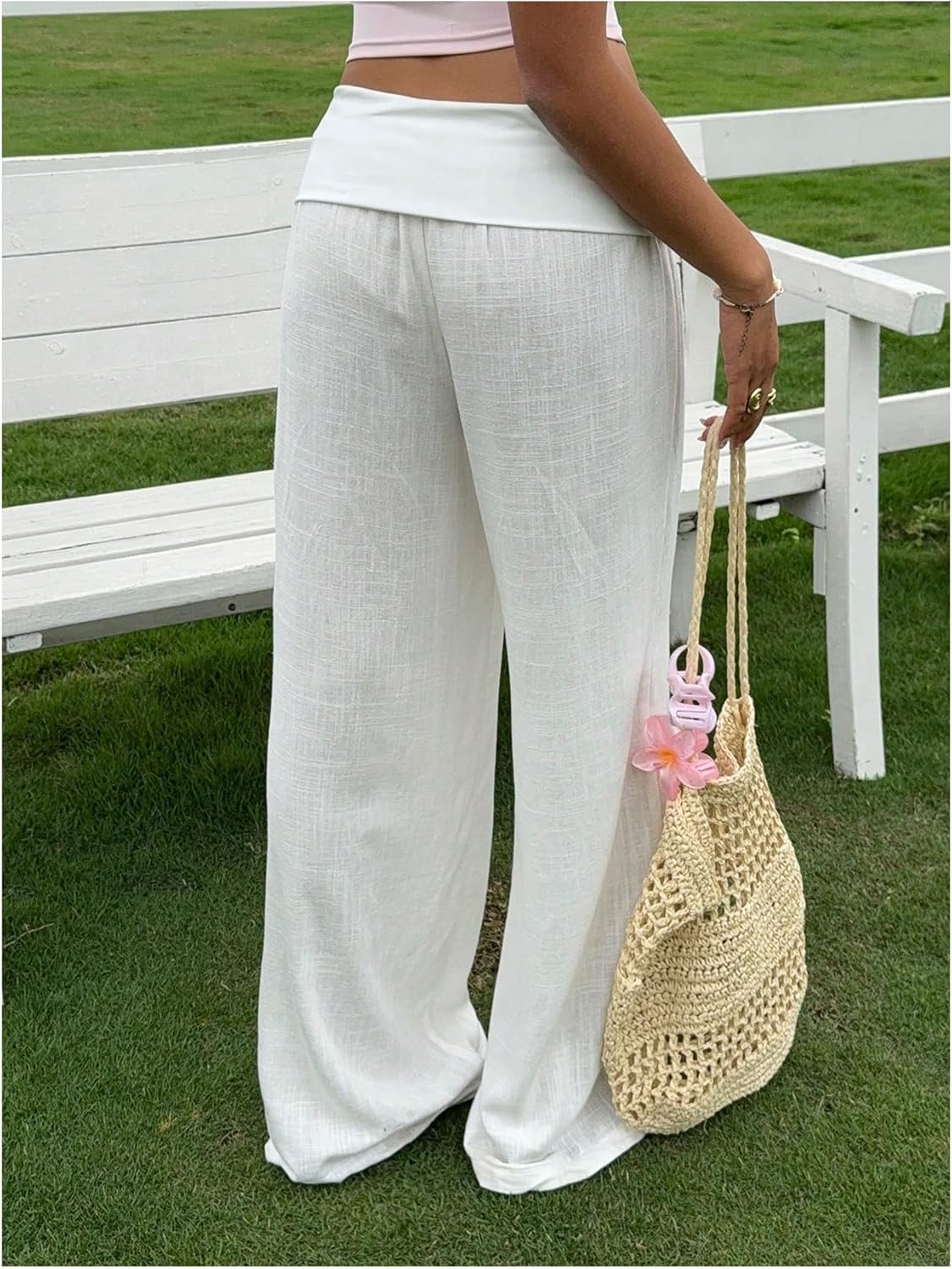 Women's Wide Leg Linen Pants Low Rise Foldover Casual Lounge Pants Vacation Trousers - Image 3
