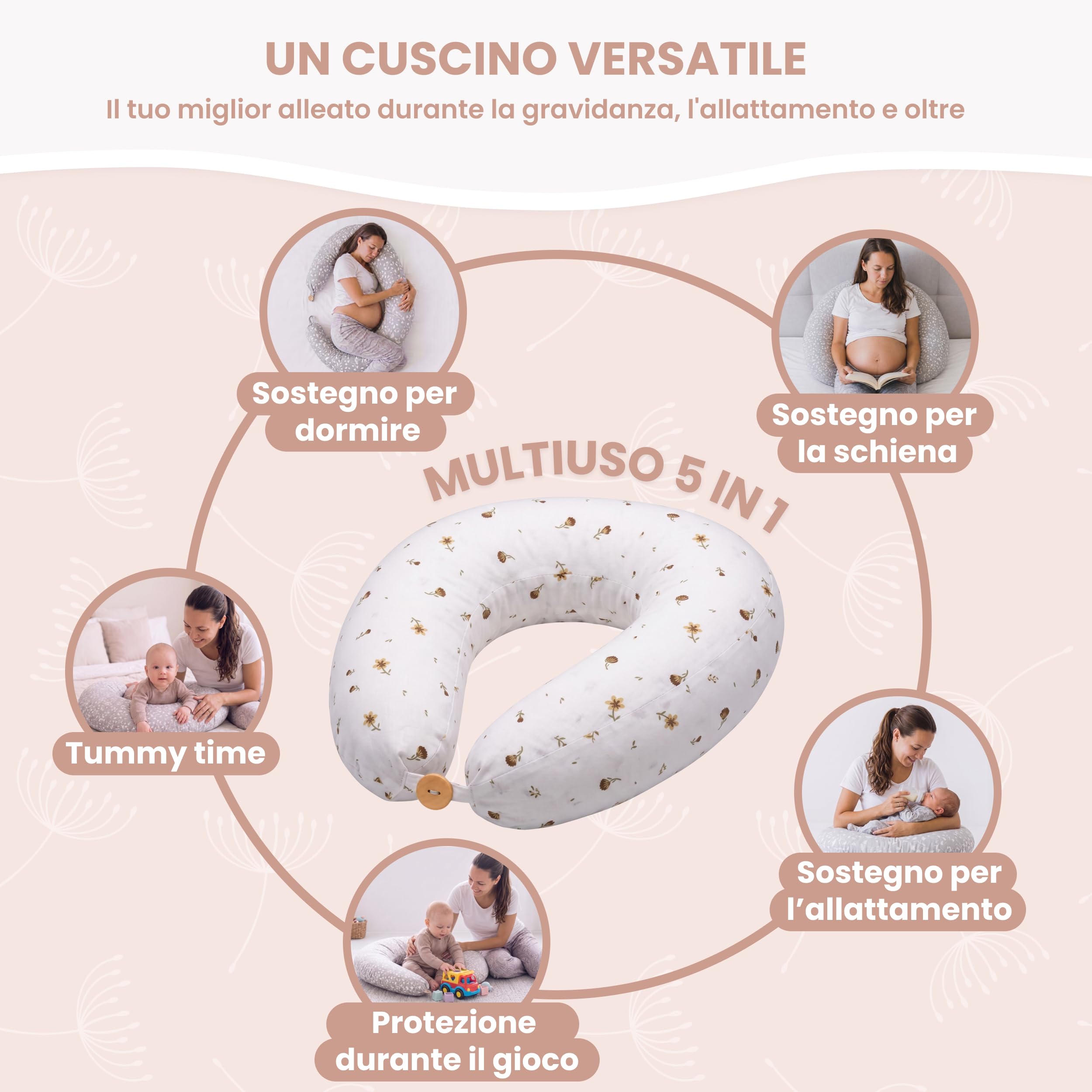 MIMUSELINA Cuscino Allattamento e Gravidanza 100% Cotone | Extra Grande e Morbido 200 x 70 cm | Cuscino Gravidanza, Allattamento e Nido Neonato | Fodera Sfoderabile e Lavabile | Bianco con Fiori